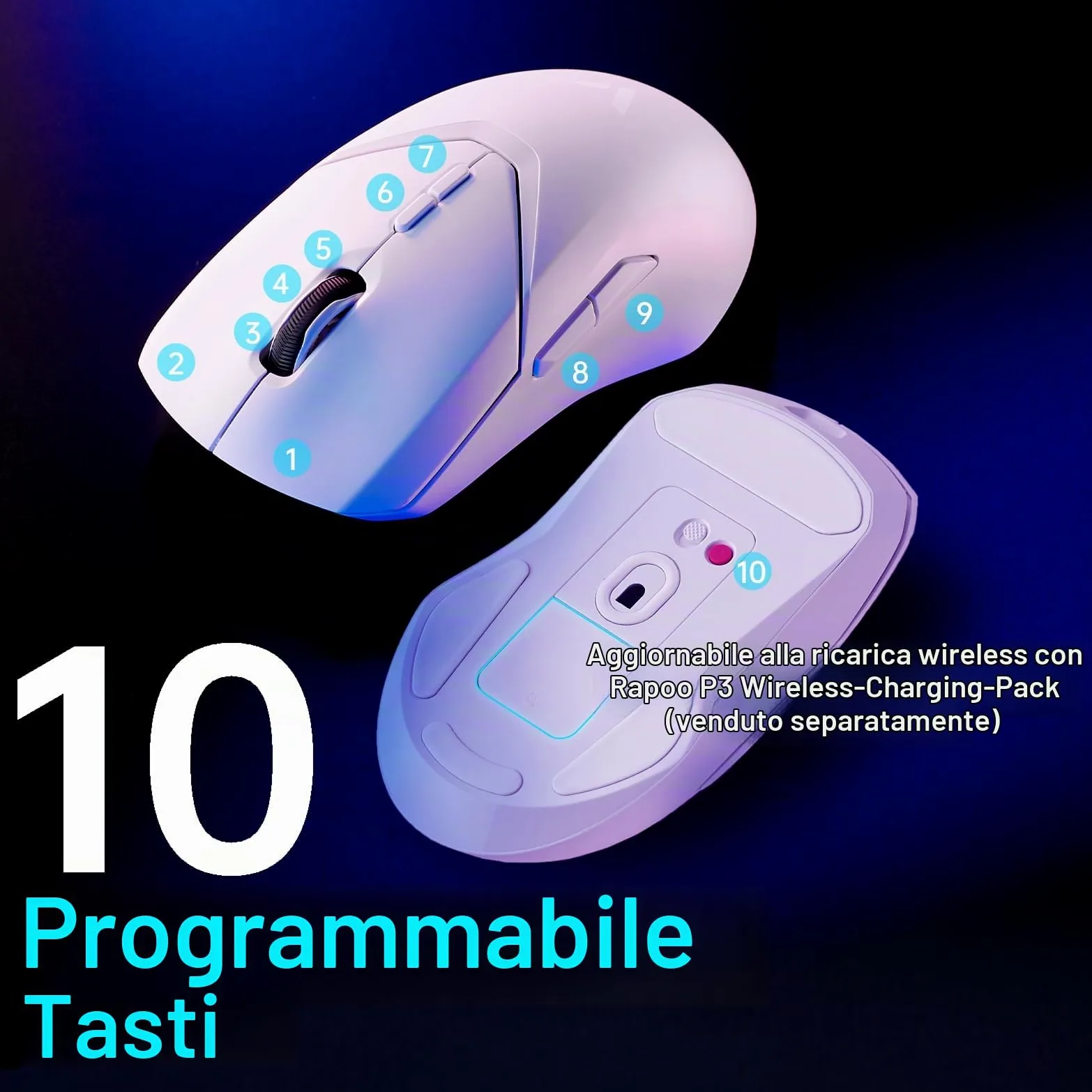 Rapoo VT9PRO 4K Mouse Wireless Gaming 68g Ultraleggero Mouse da Gioco | PAW3398 26K DPI, 4000Hz, Batteria 160 Ore, 10 Tasti Programmabili, Memoria Integrata, Mouse Ricaricabile per PC/ Mac, Bianco