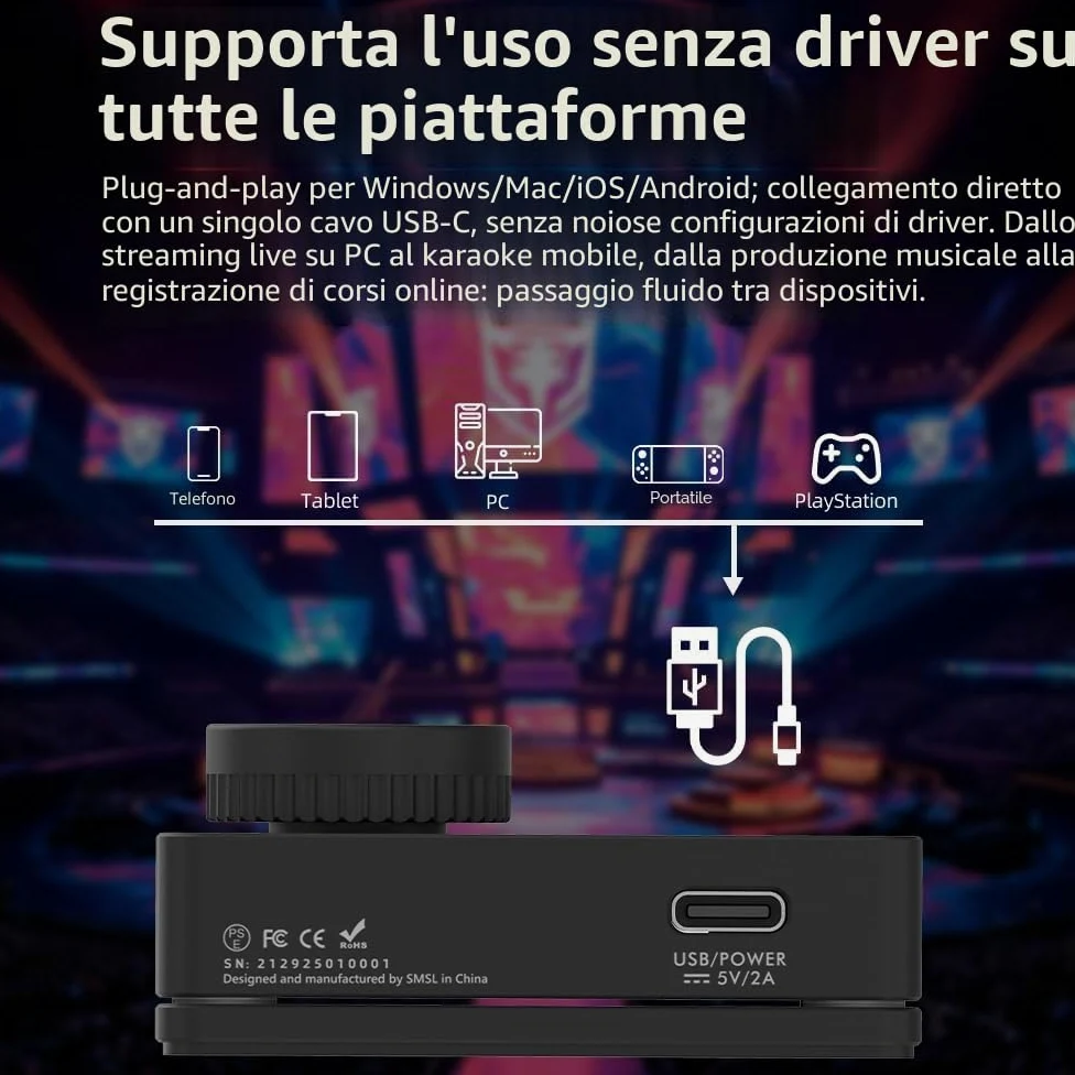 SMSL Nano one, scheda audio esterna da gioco, ingresso microfono/USB, uscita cuffie da 3,5 mm, musica/gioco/virtuale/potenziamento vocale si collega a telefoni/tablet/computer (Nero)