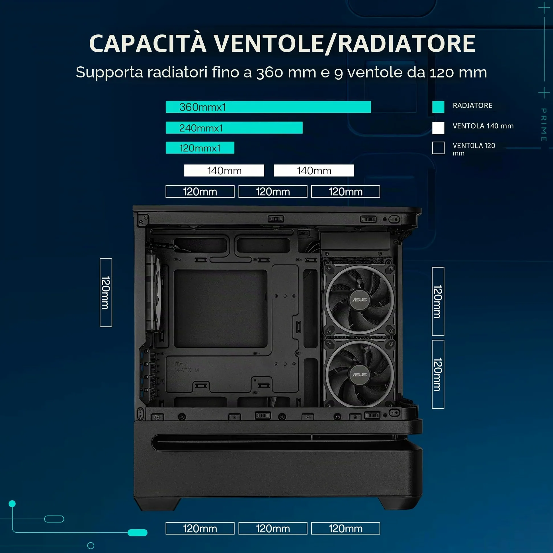 ASUS Prime AP202 ARGB, Case mATX, Pannelli Tool-Free, Supporto per Dissipatori da 360mm, Schede Grafiche da 420 mm e Alimentatori da 200 mm, 3 Ventole ARGB Integrate, Porta USB-C, Nero