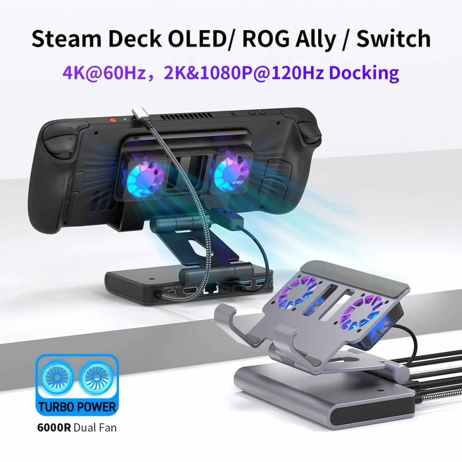 Confezione da 1 docking station di raffreddamento con doppia ventola per Onexplayer Apex per ROG Ally-X Steam Deck, hub USB Gigabit Ethernet 4K a 60Hz, supporto regolabile per giochi (grigio