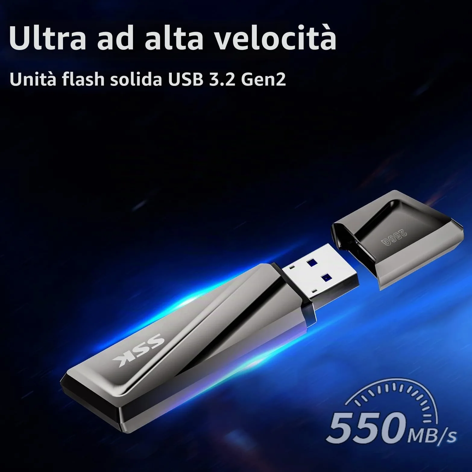 SSK SSD USB 3.2 Gen2 da 256 GB, lettura fino a 550 MB/s e scrittura da 500 MB/s SSD esterno portatile Unità USB veloce + adattatore USB C per smartphone, laptop, tablet e altro di tipo C