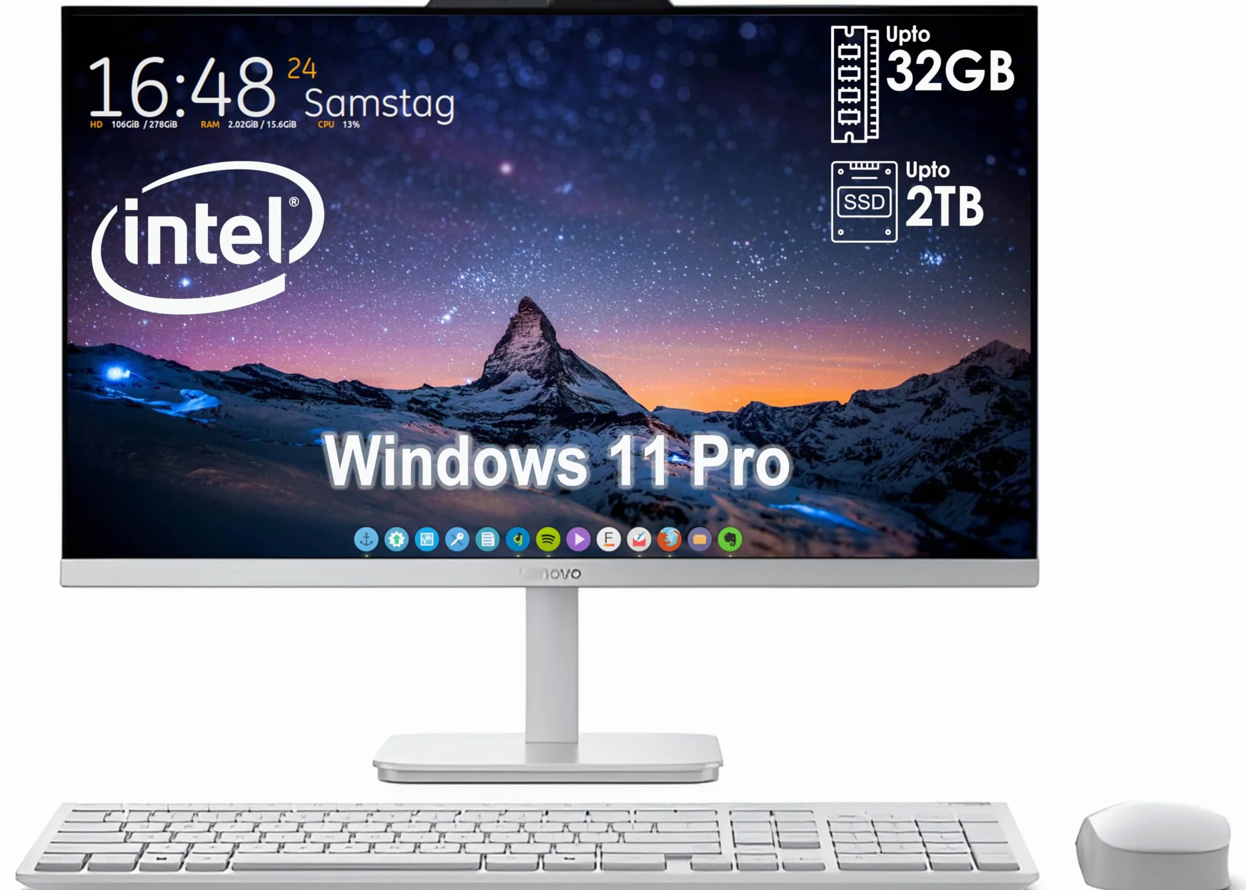 Lenovo Desktop All-in-One con processore Intel 4-Core | Display Full HD da 24 pollici | RAM DDR4 da 32 GB, SSD PCIe da 512 GB | WiFi 6| Bluetooth| USB, porte Ethernet, Windows 11 Pro | Uscita HDMI per
