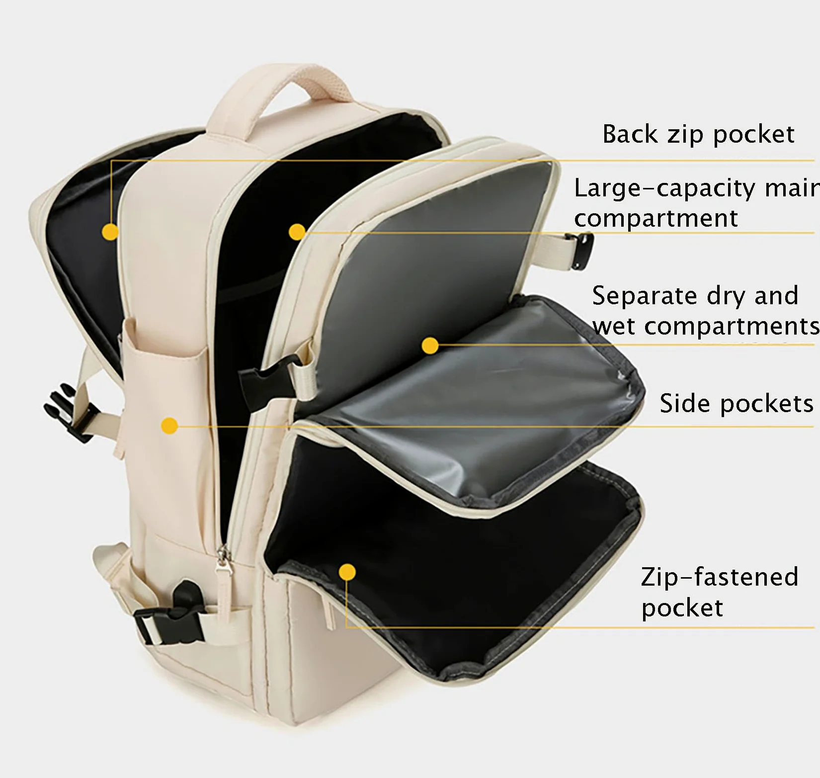 Zaino da viaggio, zaino per laptop di grande capacità con scomparto per scarpe, borsa da viaggio nera resistente all'acqua con cinghie traspiranti
