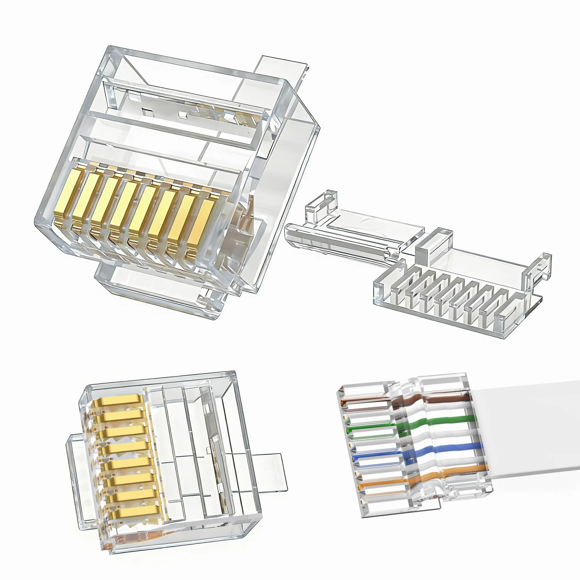 Jadaol Confezione da 50 connettori RJ45 Cat6 (estremità Cat6/spine modulari RJ45/spine Ethernet/connettore di rete) per cavo piatto 30/32AWG, 8P8C con barra di carico, cablaggio T568B, placcato oro