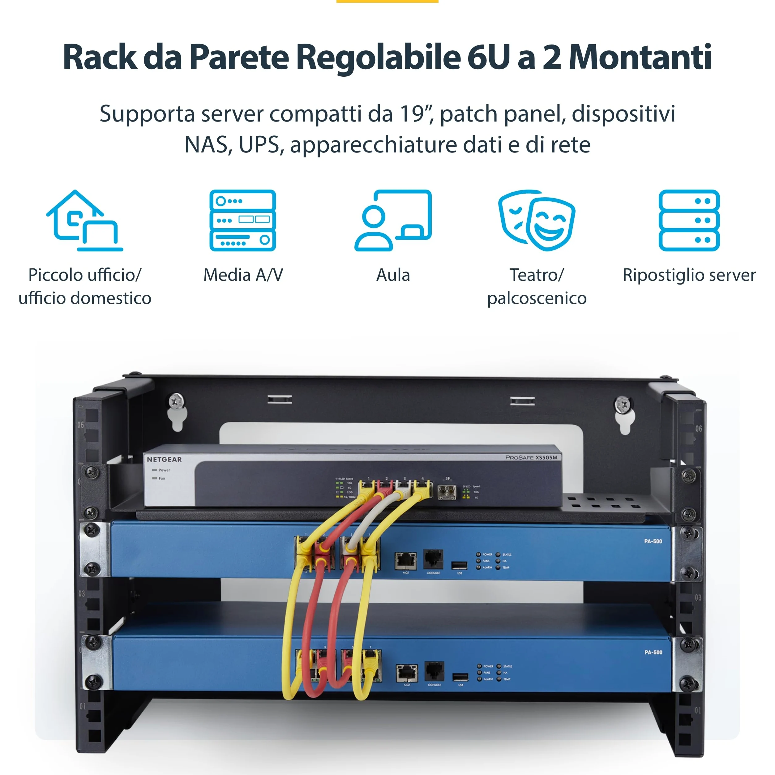 StarTech.com Staffa Rack 19" 6U a Parete, Rack a Telaio Aperto con 2 Montanti e Profondità Regolabile fino a 40cm, Max 40kg