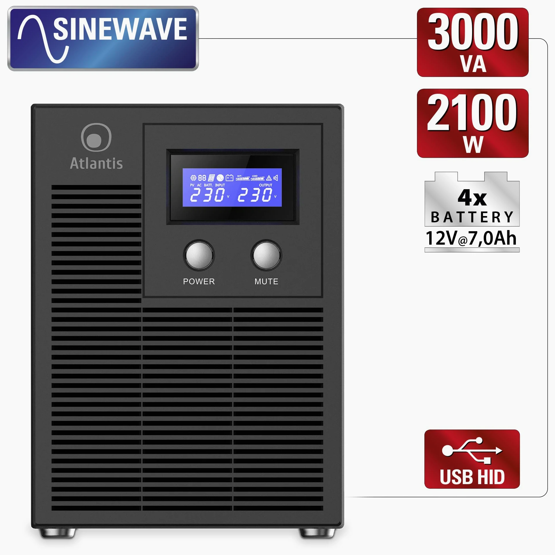 Atlantis A03-HP4003P Gruppo di Continuità Onda Sinusoidale Pura 3000VA 2100W Line Interactive, display LCD, porta USB-HID, 6 uscite IEC, 4 batterie 12V-7Ah, porta seriale RS232, slot per SNMP, softwa