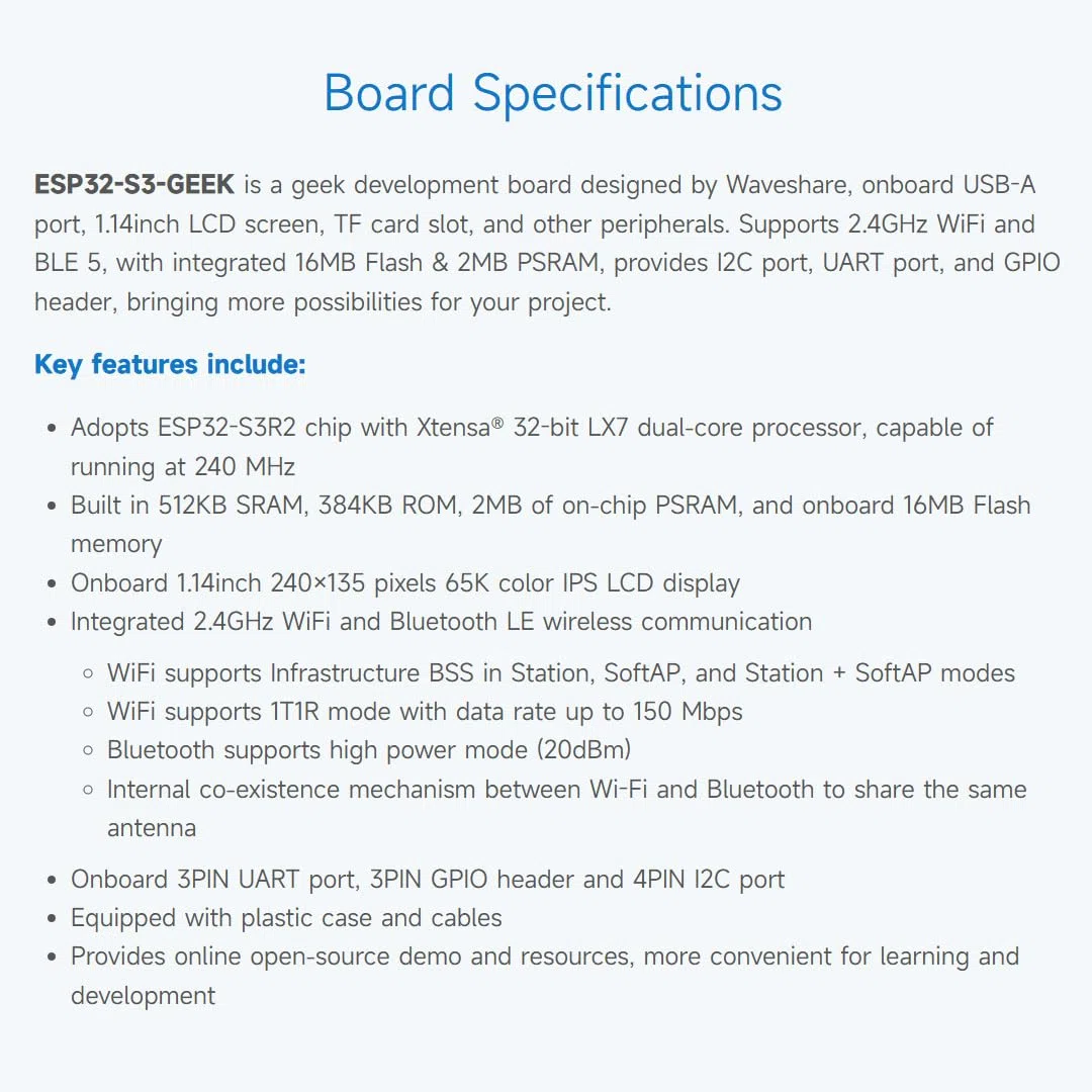 Waveshare ESP32-GEEK Development Board, Based On ESP32-S3R2 Controller Chip, with 1.14inch 65K Color LCD, Supports WiFi & Bluetooth LE, USB-A Male Port, with White Plastic Case