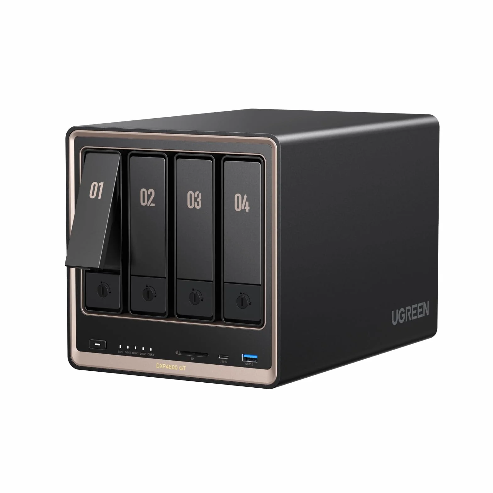 UGREEN NASync DXP4800GT NAS Desktop 4-Bay, AMD Ryzen R2514, Dual 10GbE, 8GB RAM DDR4 (fino a 64GB), supporto ECC, slot U.2 e M.2, per creator, team e casa (Diskless)