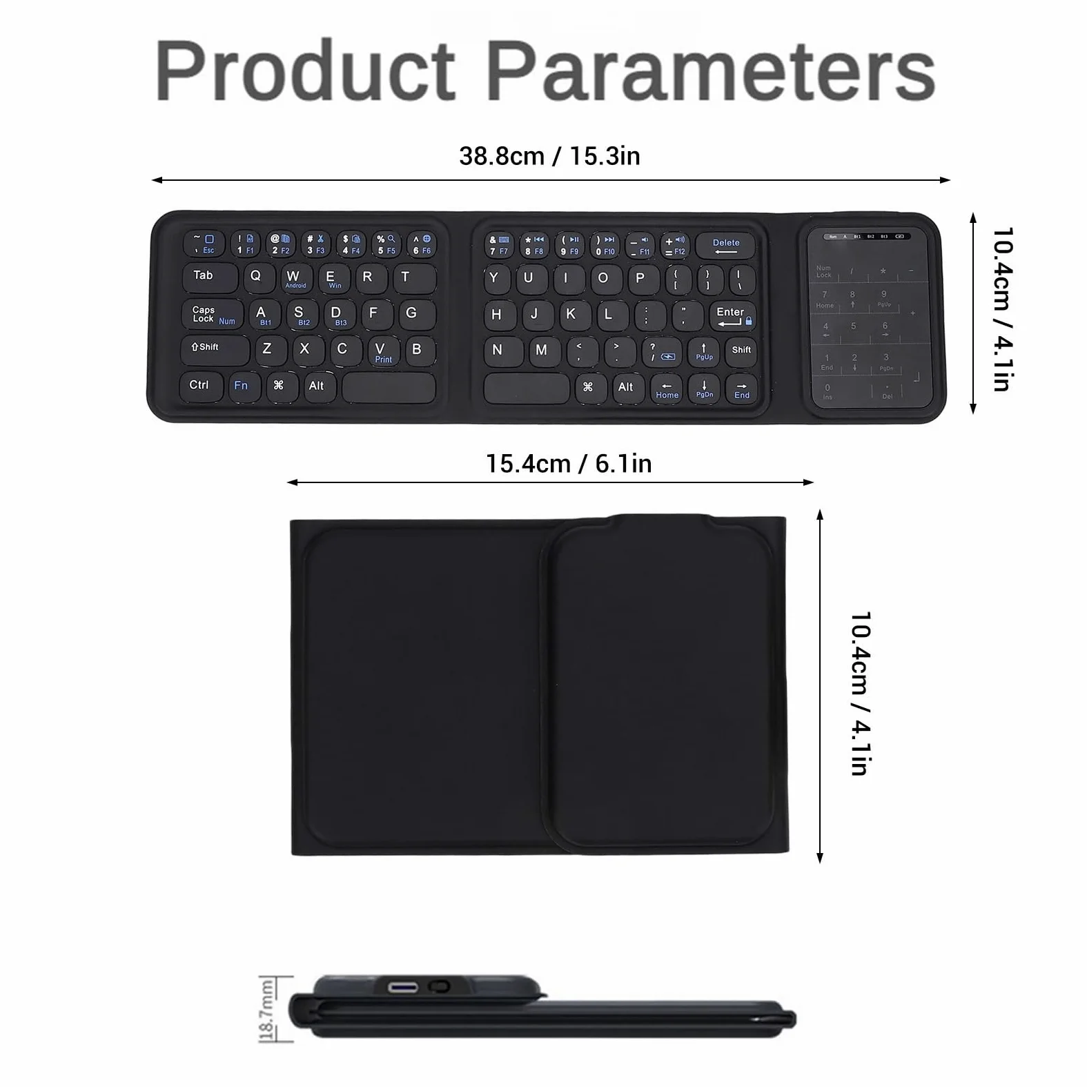 Tastiera Bluetooth Pieghevole con Touchpad, Tasti di Dimensioni Standard Tastiere da Viaggio Portatili con Design a 3 Pieghe, Trackpad Grande, per Tablet PC Laptop