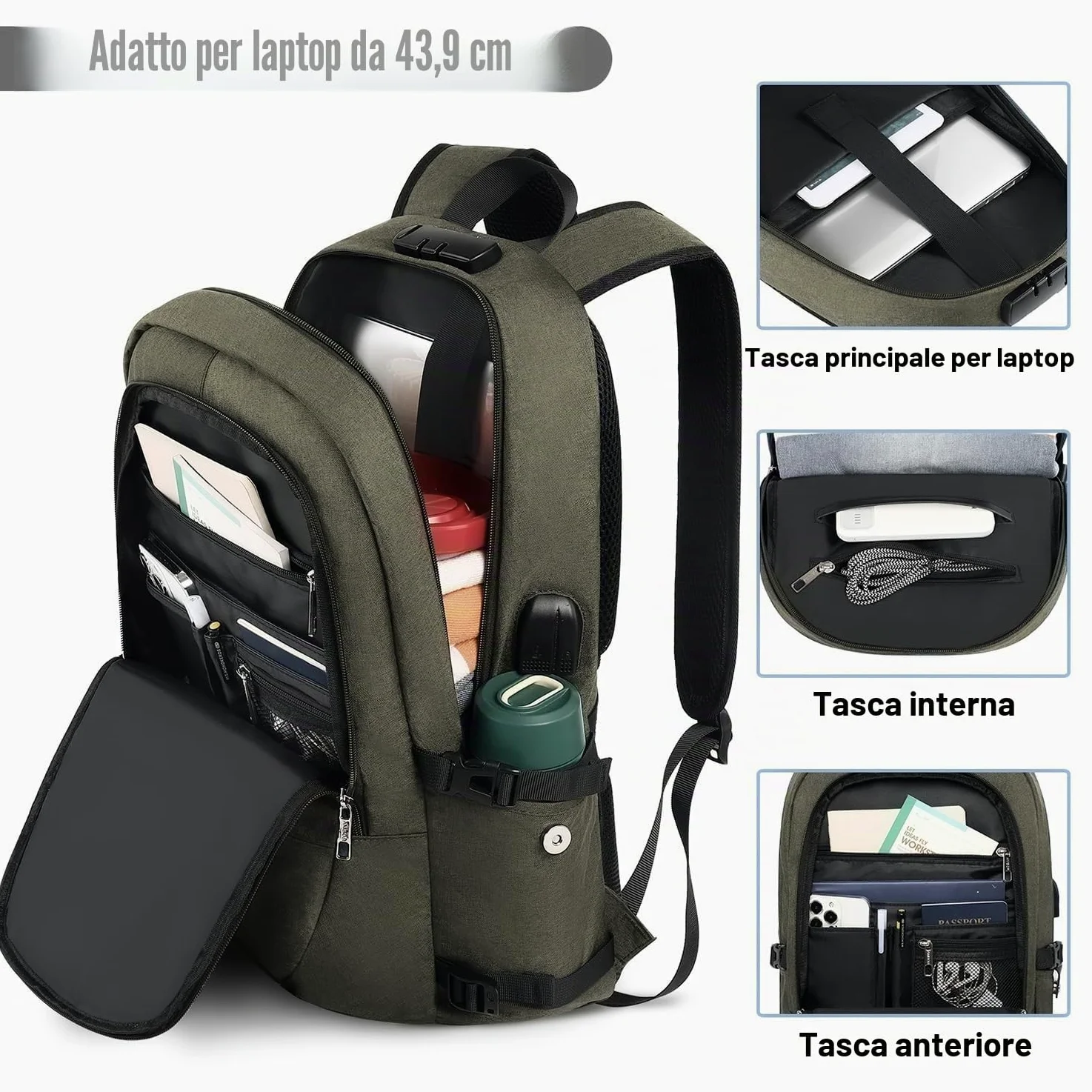 AMBOR 17,3'' Zaino da Viaggio, Zaino Porta PC con Porta USB di Ricarica | Resistente All'Acqua Antifurto Zaino Viaggio Da Uomo Con Scomparto Per Notebook, Multifunzionale Per Lavoro, Studio, Volo