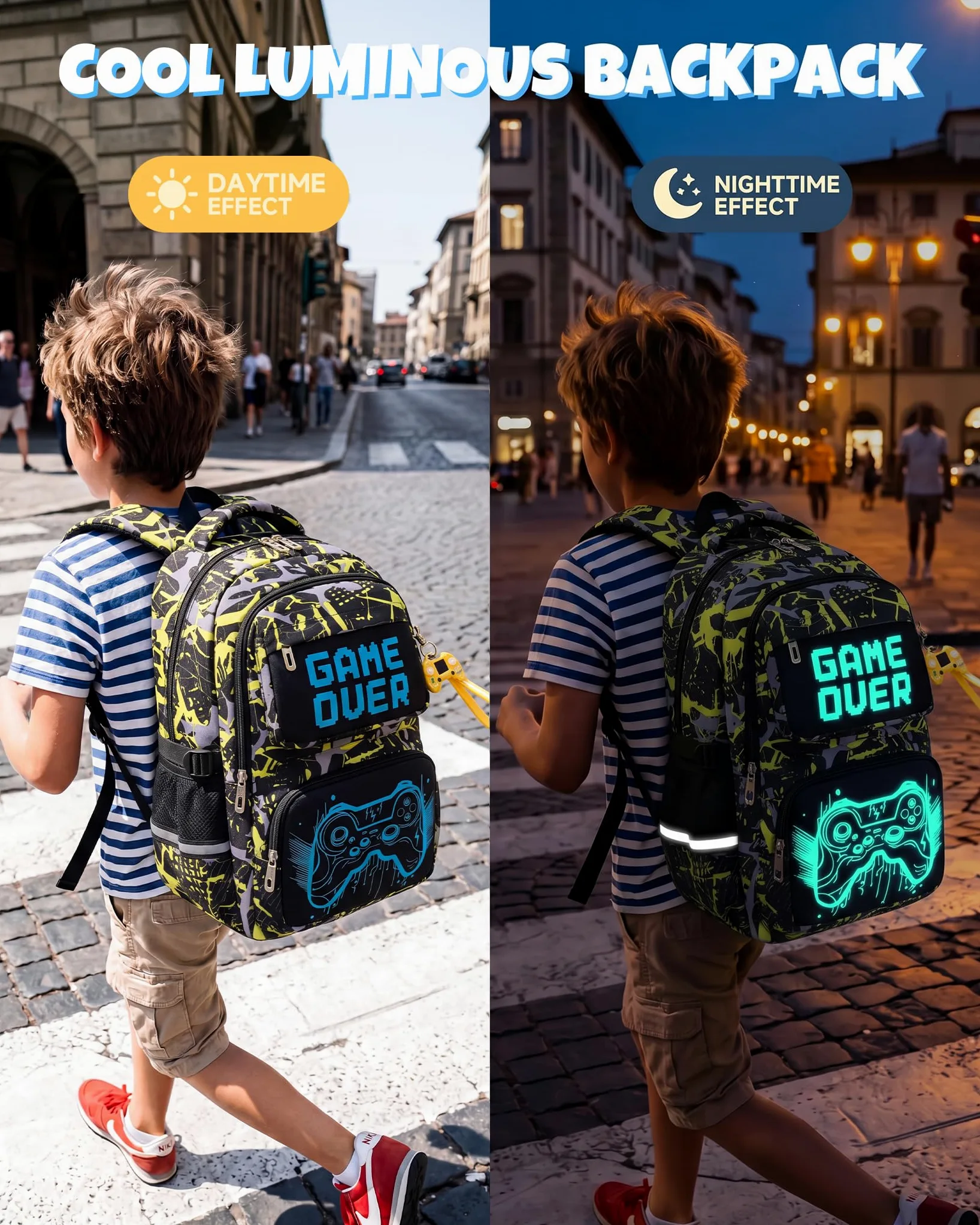 Amythe Zaino Trolley Scuola Ragazzi 8 a 12 anni con 6 Luminoso, Giallo | Impermeabile Grande Riflettente Leggero Giallo Daypack Multitasche Capiente Resistente per Scuola Viaggio Escursione