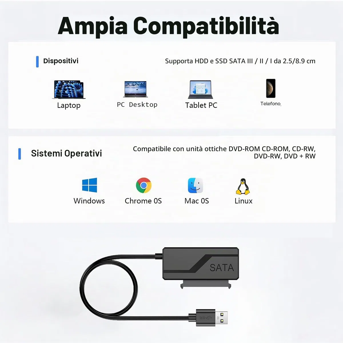 6Gbps Adattatore USB 3.0 a SATA, Convertitore e Esterno USB 3.0 a SATA per Dischi Rigidi HDD/SSD da 2,5“/3,5” e Lettori OtticiSATA Con Alimentatore 12V/2A, UASP, per Windows/MacOS/Linux