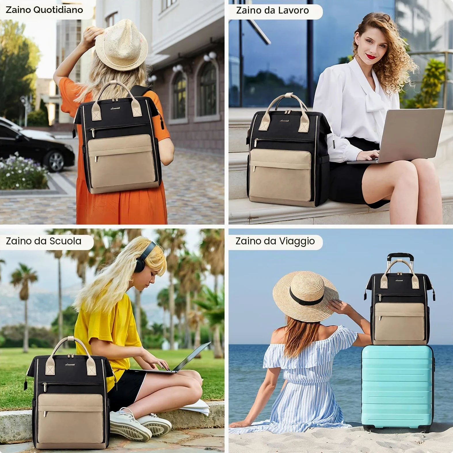 LOVEVOOK Zaino Porta PC Donna, 15,6 Pollici Impermeabile Computer Backpack Antifurto con Porta USB e Scomparto per Laptop per Scuola Università Viaggi Lavoro Aereo Ufficio, Kaki Nero