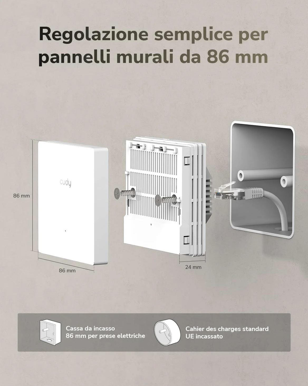 Cudy AX3000 Access Point Wi-Fi 6 a Parete, 2.5GbE PoE, AP3000E Wall | 2402+574 Mbps, 50 m², 60+ Client, 1x 2.5GbE, 1x Gigabit LAN, PoE/PoE Passivo, Multi-SSID, VLAN, Captive Portal
