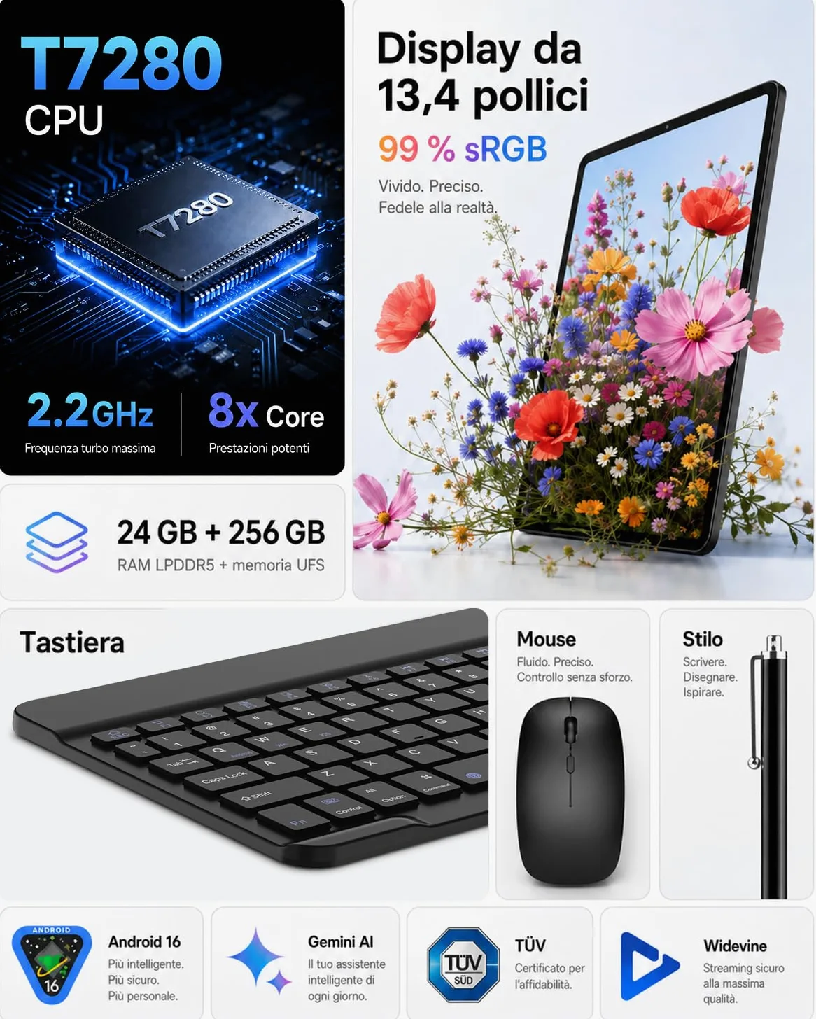 TABWEE Tablet 13,4 Pollici con Tastiera, Android 16, 24GB+256GB | Dallo studio allo smart working senza pause: 120Hz, mouse, penna e batteria da 10000mAh seguono ogni idea e progetto.