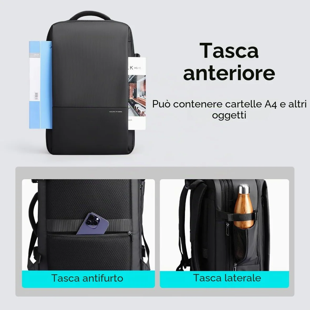 MARK RYDEN 30-45L Zaino da viaggio per affari, borsa a tracolla espandibile, zaino multifunzionale per l'umidità e l'asciutto, borsa per computer da 17,3", borsa a mano