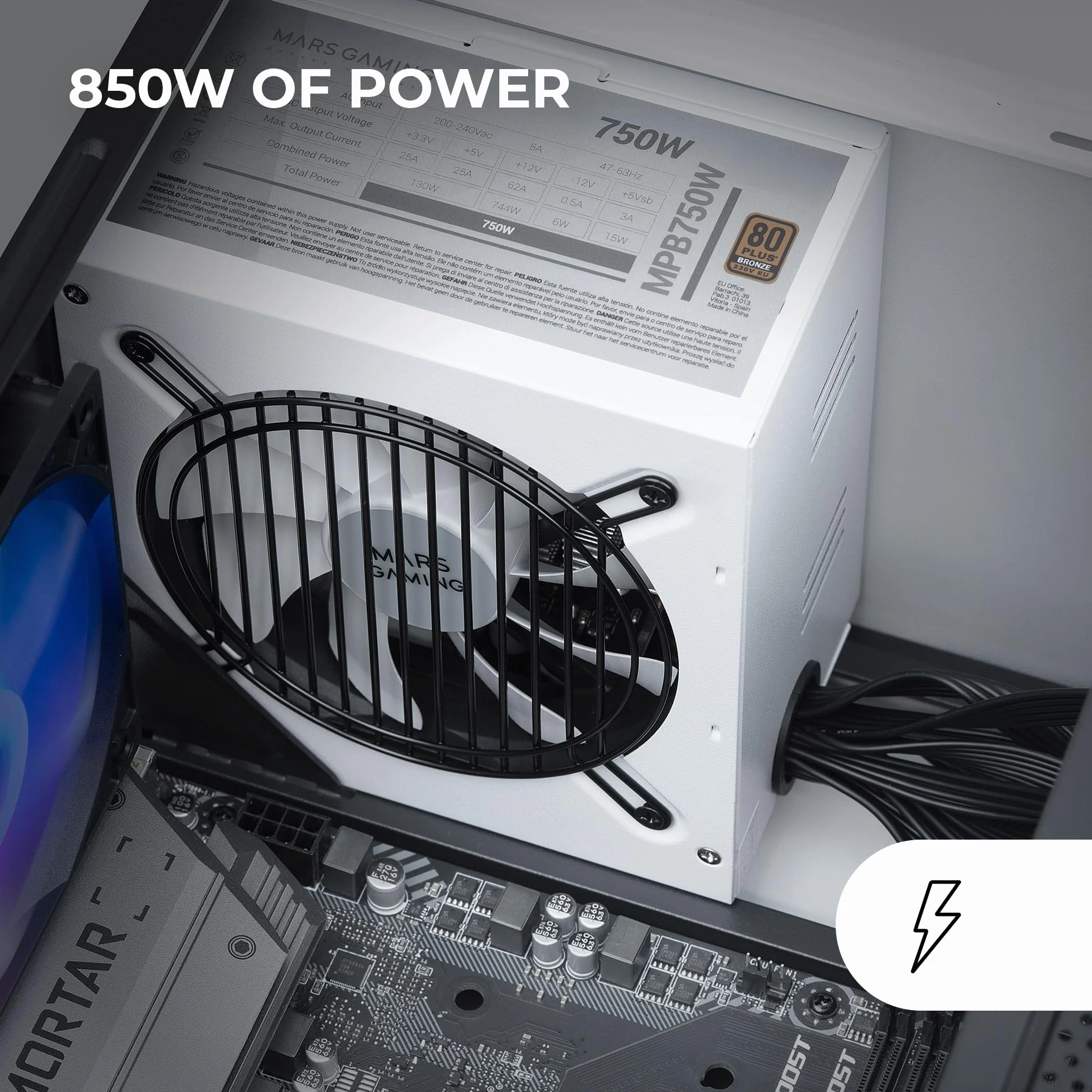 Mars Gaming MPIII850, Alimentatore PC ATX 850W, 5 Anni di Garanzia, 85% di Efficienza, Sistema Digitale APFC, Ventola FDB 120mm AI-RPM, Tecnologie DC-DC e SMD, Cavi Piatte Extra-lunghi, Bianco