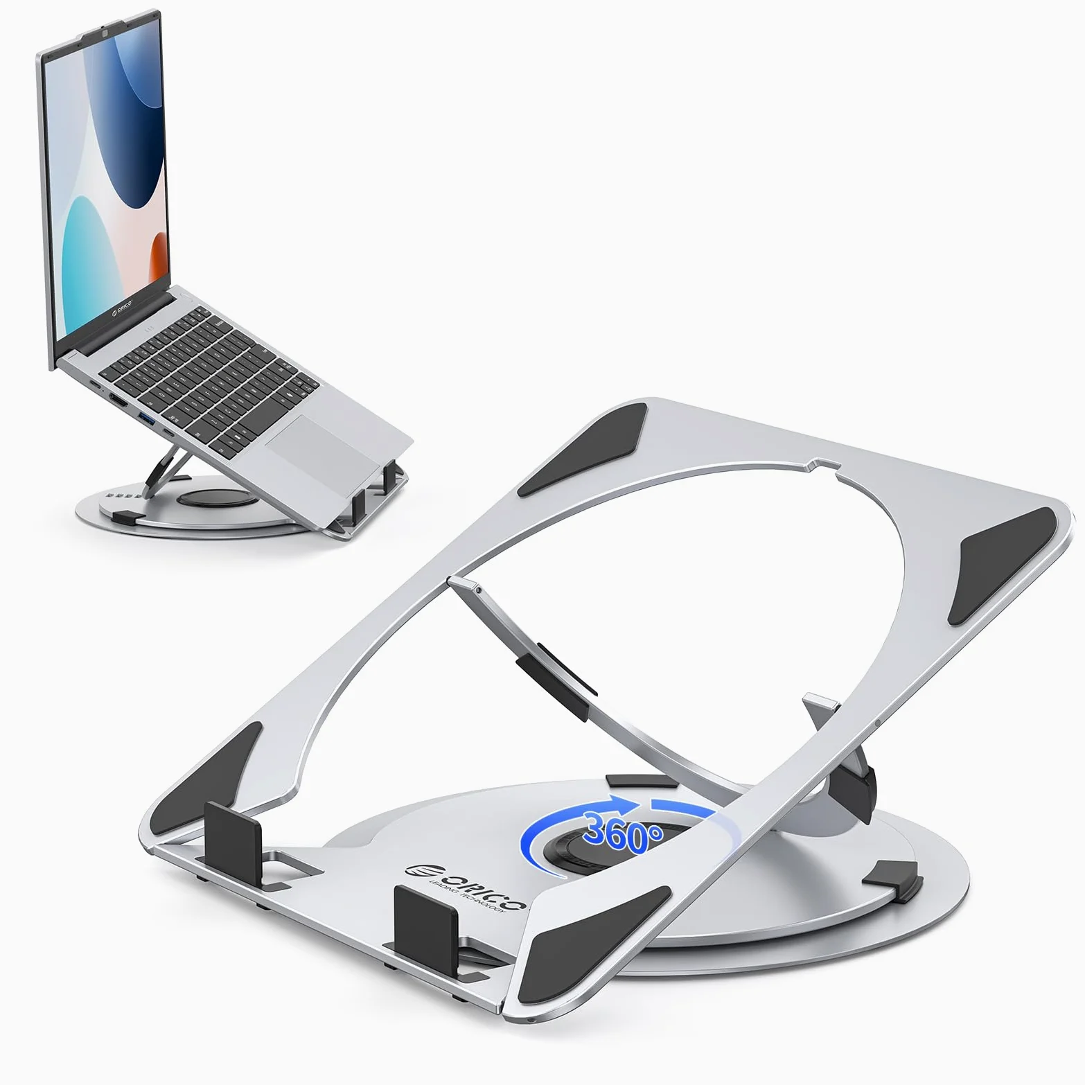 ORICO Supporto PC Portatile Regolabile, Laptop Stand Ventilato con Base Girevole a 360°, Supporto Laptop Ergonomico Pieghevole per Scrivania, Compatibile con Notebook da 10-17" - NS1, Argento