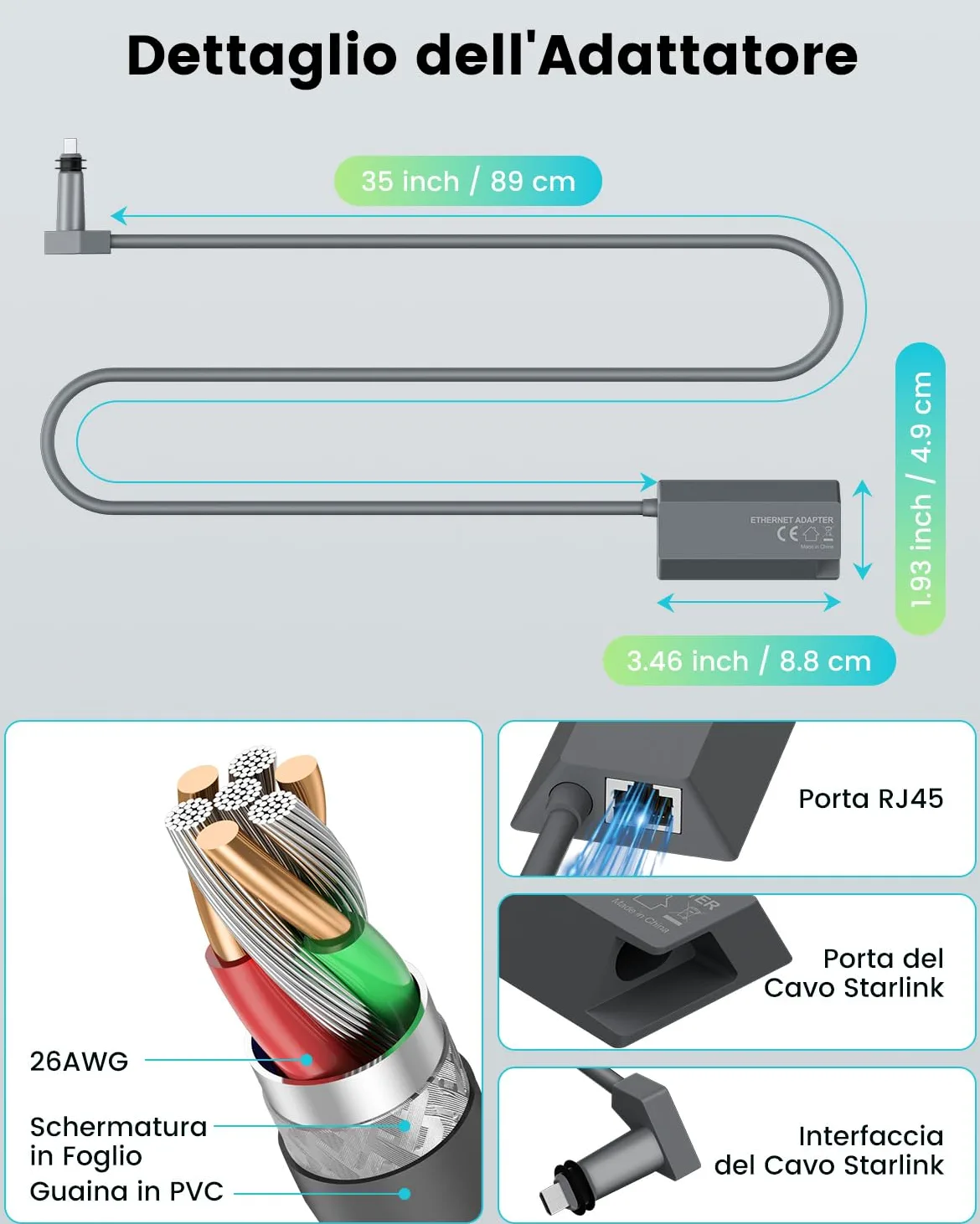 Mwin Adattatore Ethernet per Starlink Gen 2 - Accessori Starlink per Kit Internet Satellitare V2, Adattatore Ethernet Powerline per Rete Esterna Cablata Veloce e Stabile, Lunghezza del Cavo: 89 cm