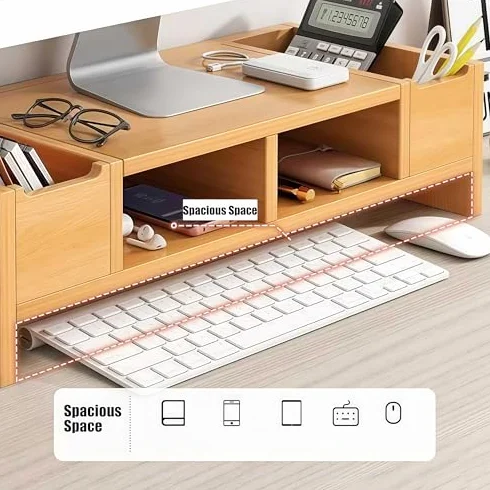Supporto salvaspazio in legno per monitor con cassetto a 2 ripiani, per computer e TV a schermo piatto, organizer da scrivania per casa e ufficio