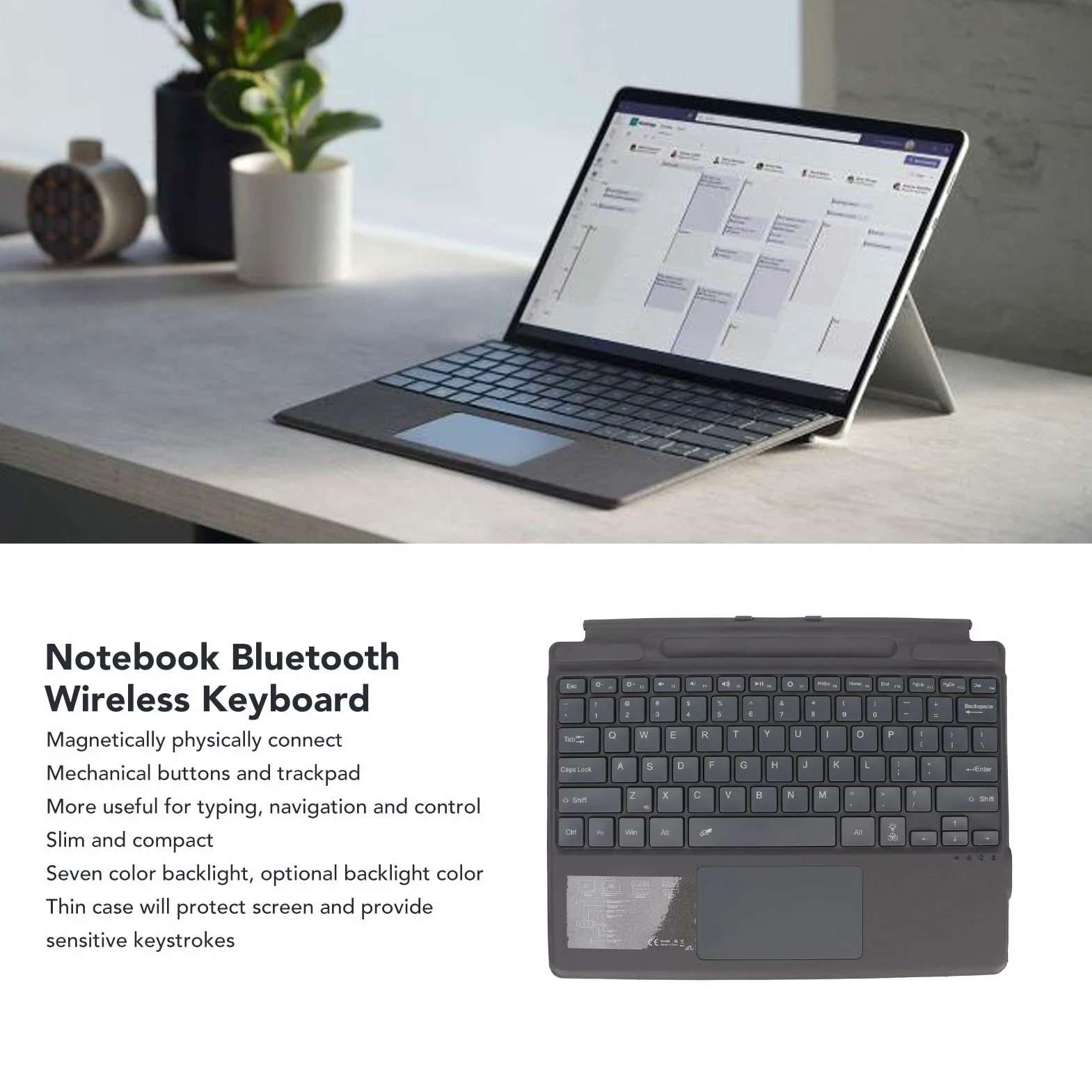 Tastiera Wireless Ultra Slim Notebook, connettività Bluetooth, con Trackpad di Grandi Dimensioni, Retroilluminazione Colorata, Adatto per Pro 8 X, Fino a 10 M di Distanza