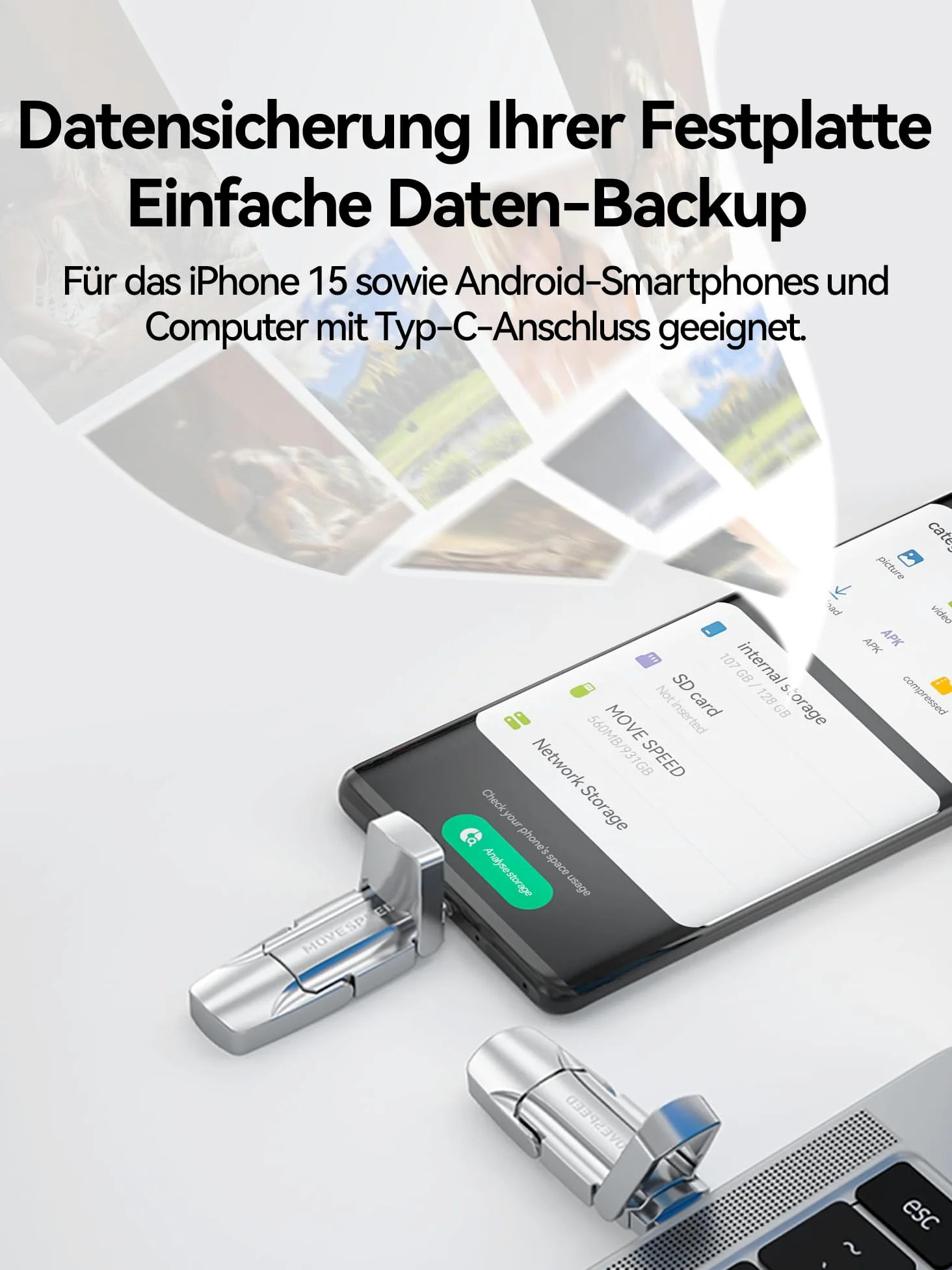 MOVE SPEED USB C Stick 512 GB – SSD esterno ad alta velocità 520 MB/s, dual USB Type-C + USB A 3.2 Gen2, chiavetta OTG compatibile con smartphone Android, iPhone 15, MacBook, laptop e tablet