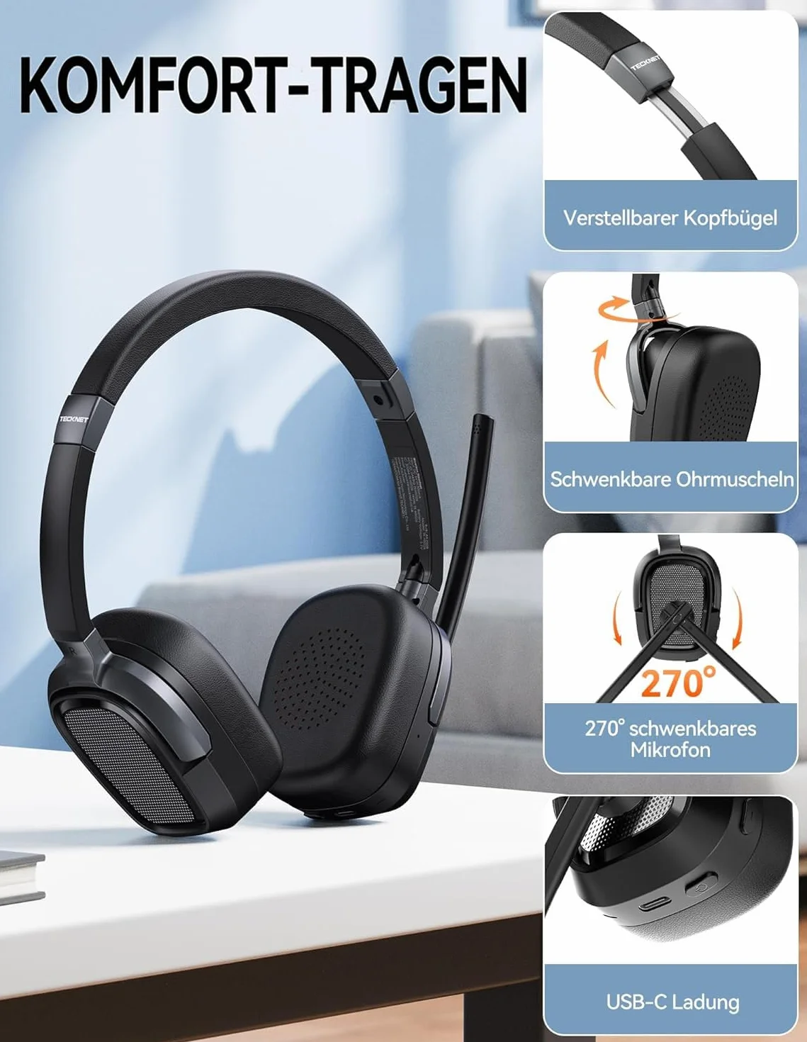TECKNET Cuffie Bluetooth con Microfono, 50+ Ore Autonomia, Cancellazione Rumore, Doppia Modalità (Bluetooth/USB-A) Cuffie con microfono per PC, telefoni, lavoro a distanza e videoconferenze