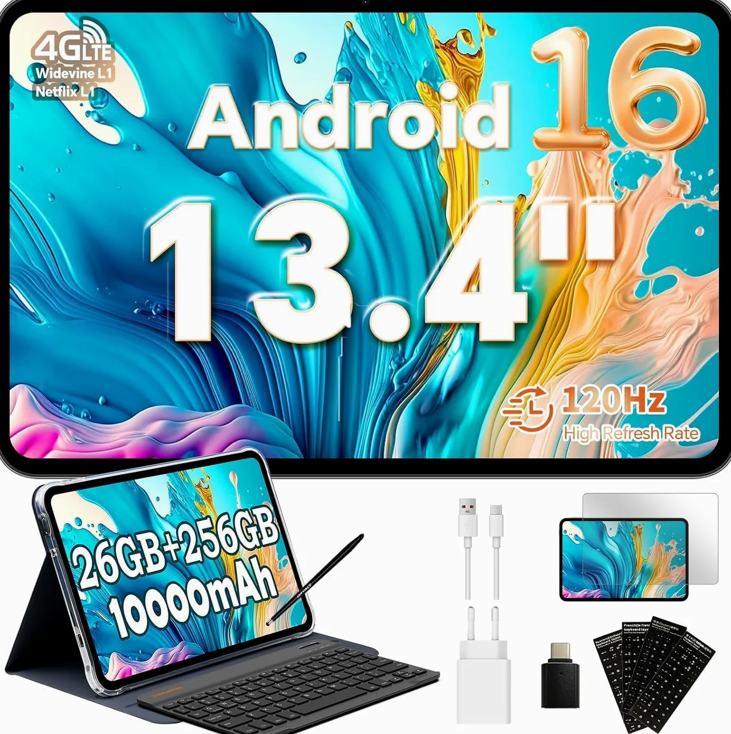 TECLAST T65 Tablet 13.4 Pollici 120Hz Display Tablet Android 16, Doppio SIM 4G LTE+5G WiFi, 2.2GHz Octa-Core, 26GB RAM+256GB ROM(TF 4TB) Widevine L1 1080P/13MP/BT5/GPS/OTG, con Tastiera+Custodia+Penna