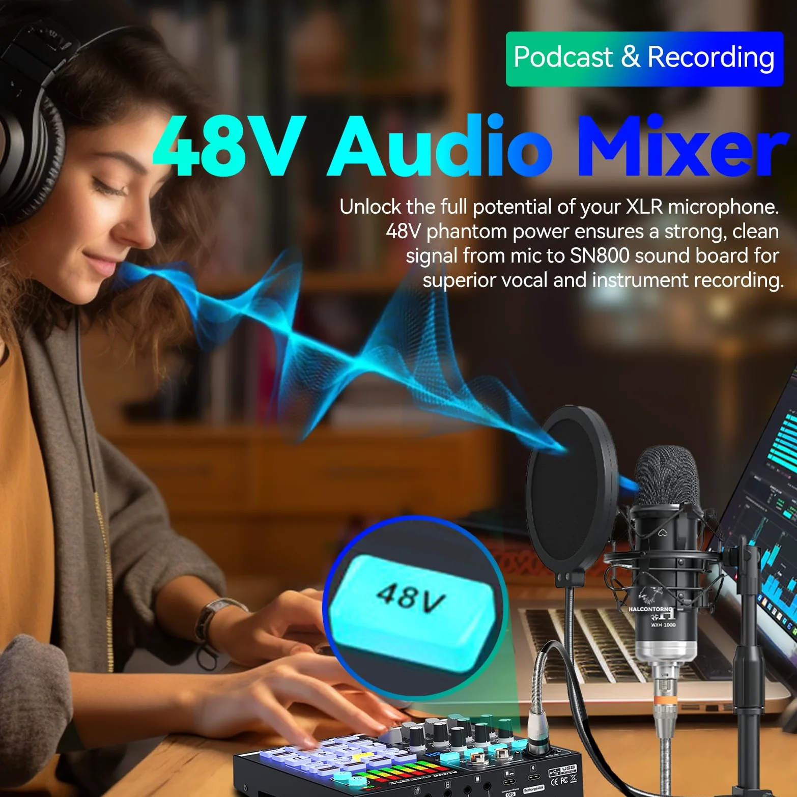 Scheda audio, mixer audio DJ con DSP, ingresso XLR, batteria integrata, scheda effetti sonori per live streaming, podcasting