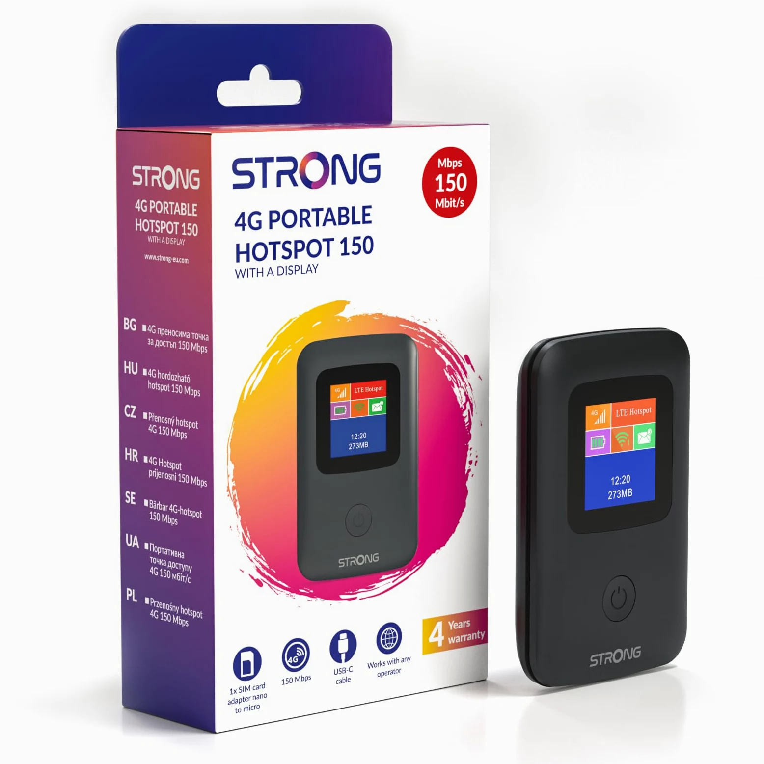 STRONG 4GMIFI150CD Saponetta WiFi con SIM, CAT4 150 Mbps | Display a Colori, Hotspot WiFi per Viaggi e Lavoro Mobile, Condivide 4G con 10 Dispositivi, Batteria 2100 mAh & USB-C