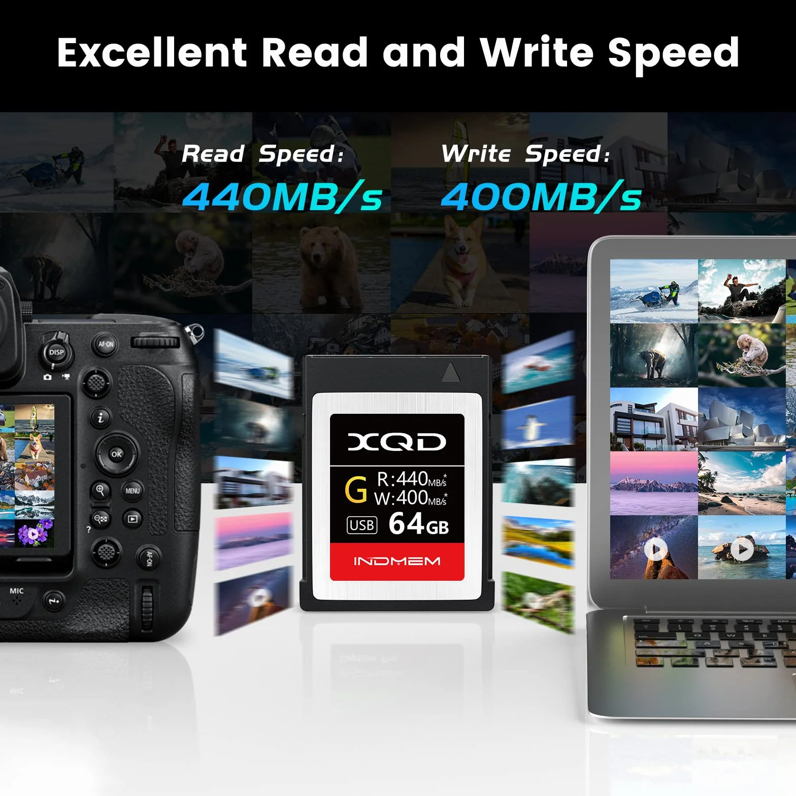 INDMEM 64 GB XQD Card 5 X Tough MLC XQD Flash Card High Speed G Series (lettura 440 MB/s e scrittura 400 MB/s)