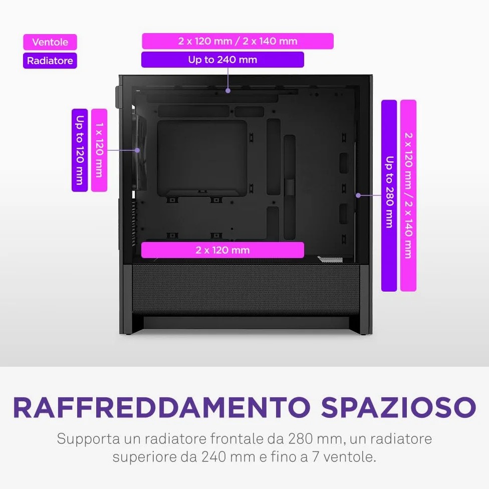 NZXT H3 Flow – Case PC Gaming Micro-ATX – Flusso d'aria ottimizzato – 1 ventola 120mm inclusa – GPU full-size – Radiatore 280mm frontale, 240mm superiore – Scheda madre con conn. posteriore – Nero
