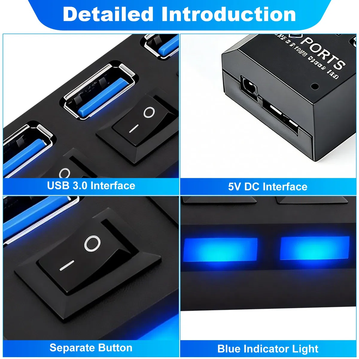 Hub USB 3.0 Alimentato, Hub USB 4 Porte con Interruttore LED Individuali, Splitter USB3.0 con alimentazione 5V 2A