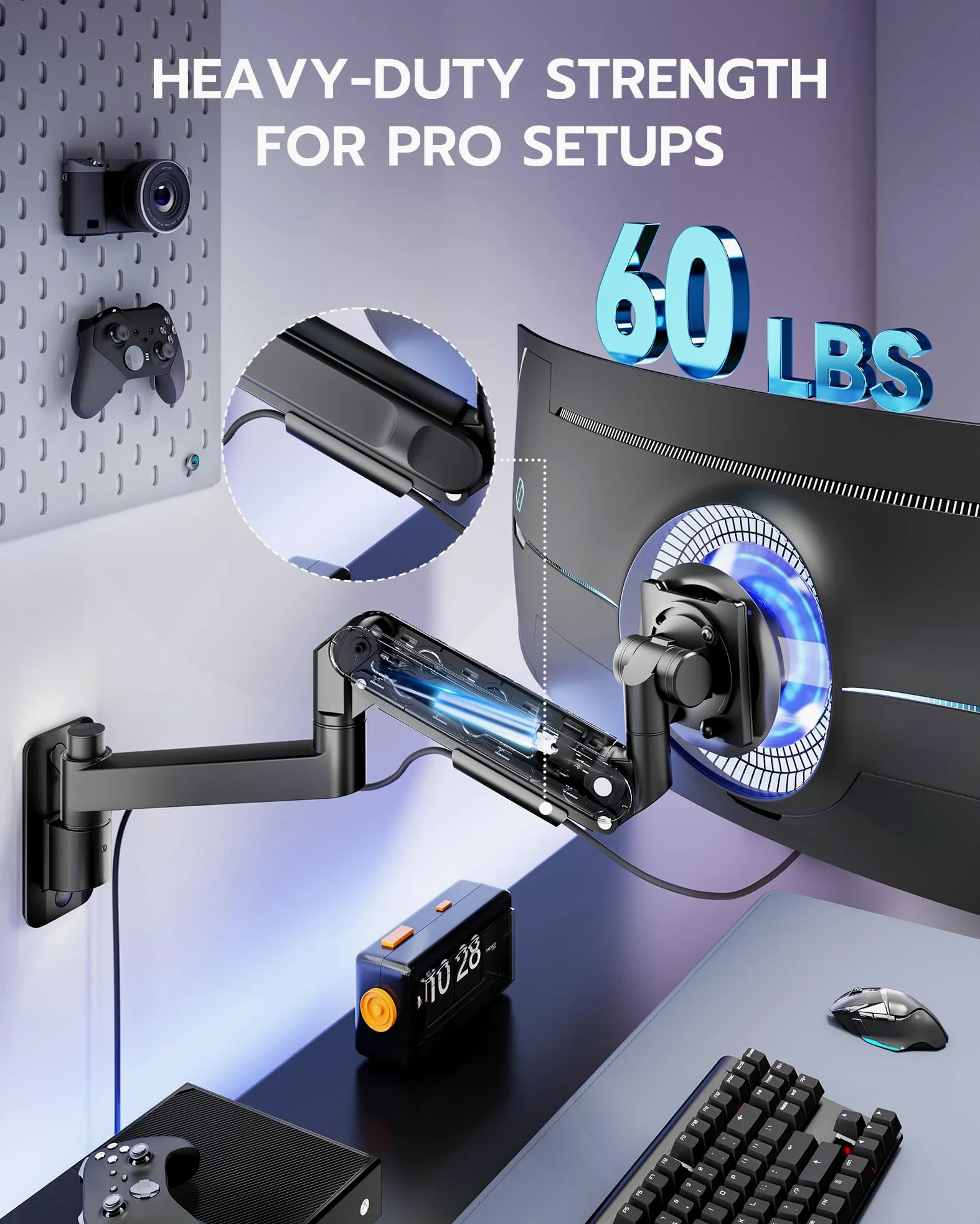 ARES WING Supporto da parete per monitor da 24 – 57 pollici, schermo LED/LCD/TV fino a 27 kg, molla a gas, supporto da parete, inclinabile, orientabile VESA 75/100, supporto per monitor per ufficio e