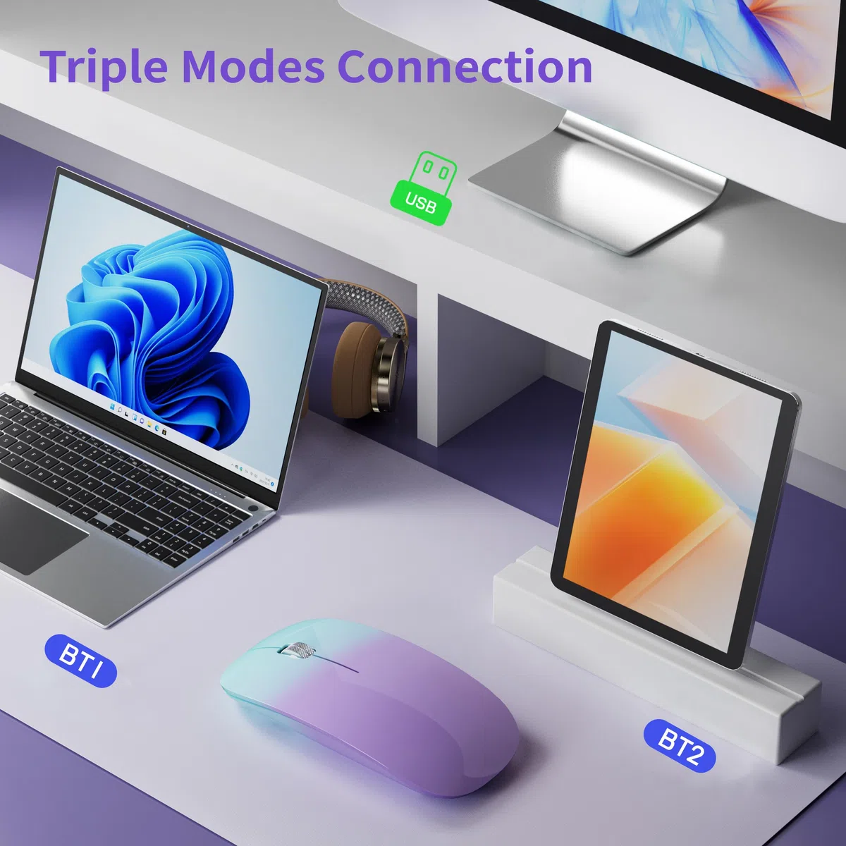 Uiosmuph Mouse Bluetooth Wireless Ricaricabile - Silenzioso Senza Fili Tri-Mode (Dual Bluetooth 5.1 + 2.4GHz) con Ricevitore USB, per Laptop/iPad/PC/Mac, Verde e Viola