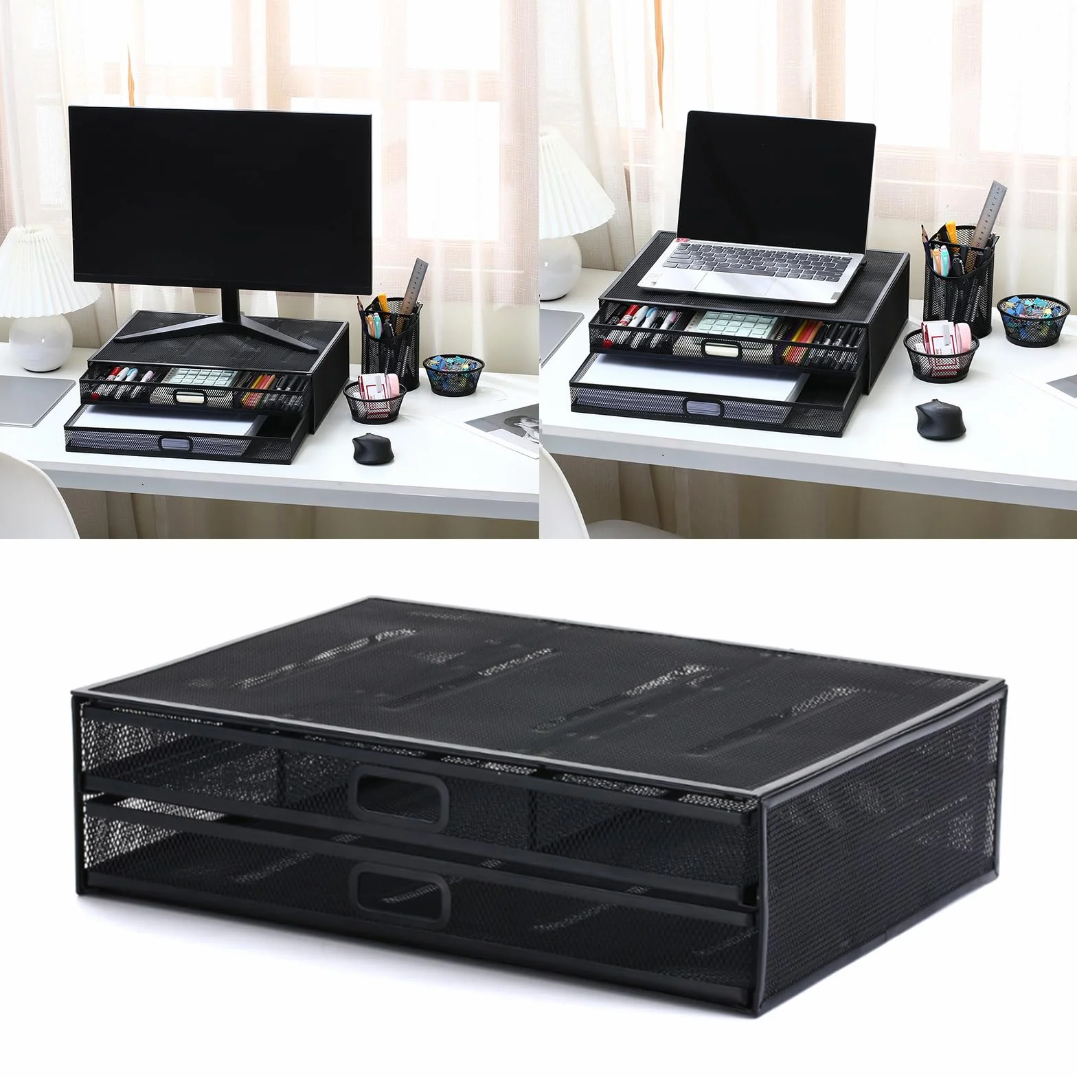 Organizer da scrivania per computer, supporto per monitor, rete metallica, forniture da ufficio per computer portatile, organizer per computer portatili