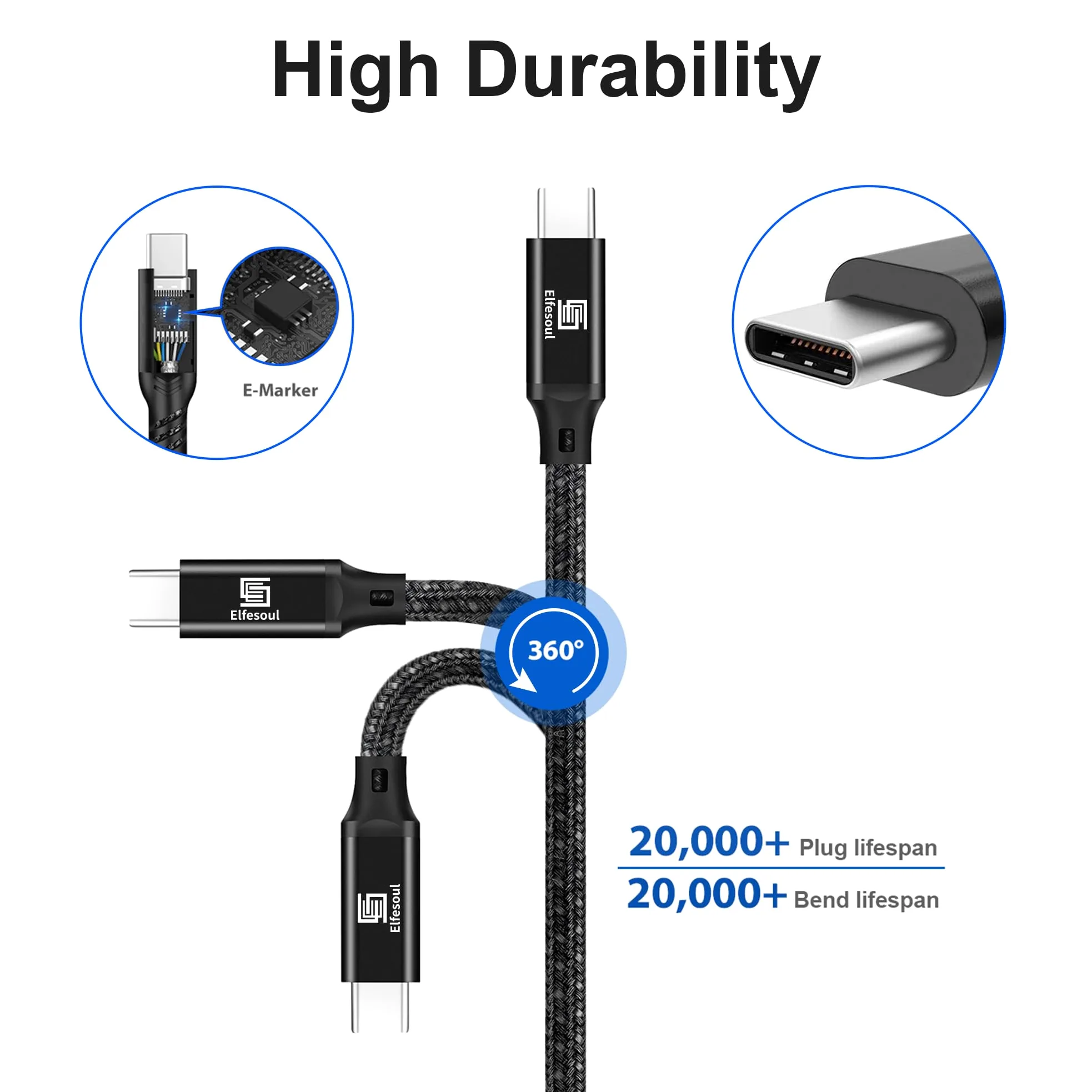 Elfesoul Cavo USB C a C, cavo USB-C 3.2 Gen 2 3 m - 4K UHD 20Gbps 100W PD Cavo di ricarica rapida per MacBook Pro, per iPad Pro, nylon intrecciato, nero.