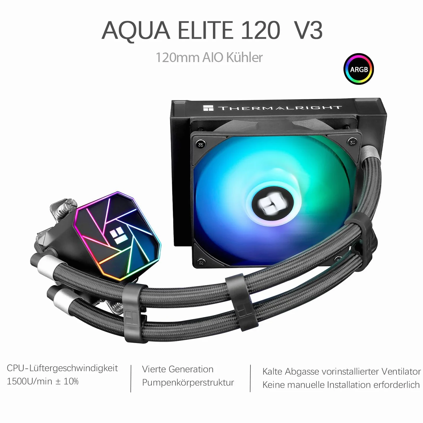 TR-Thermalright Aqua Elite 120 V3 CPU, raffreddamento ad acqua completo, 120, specifiche AIO PC, ventola di raffreddamento ARGB da 120 mm, facile installazione, compatibile con AM5/AM4, LGA1851/1700