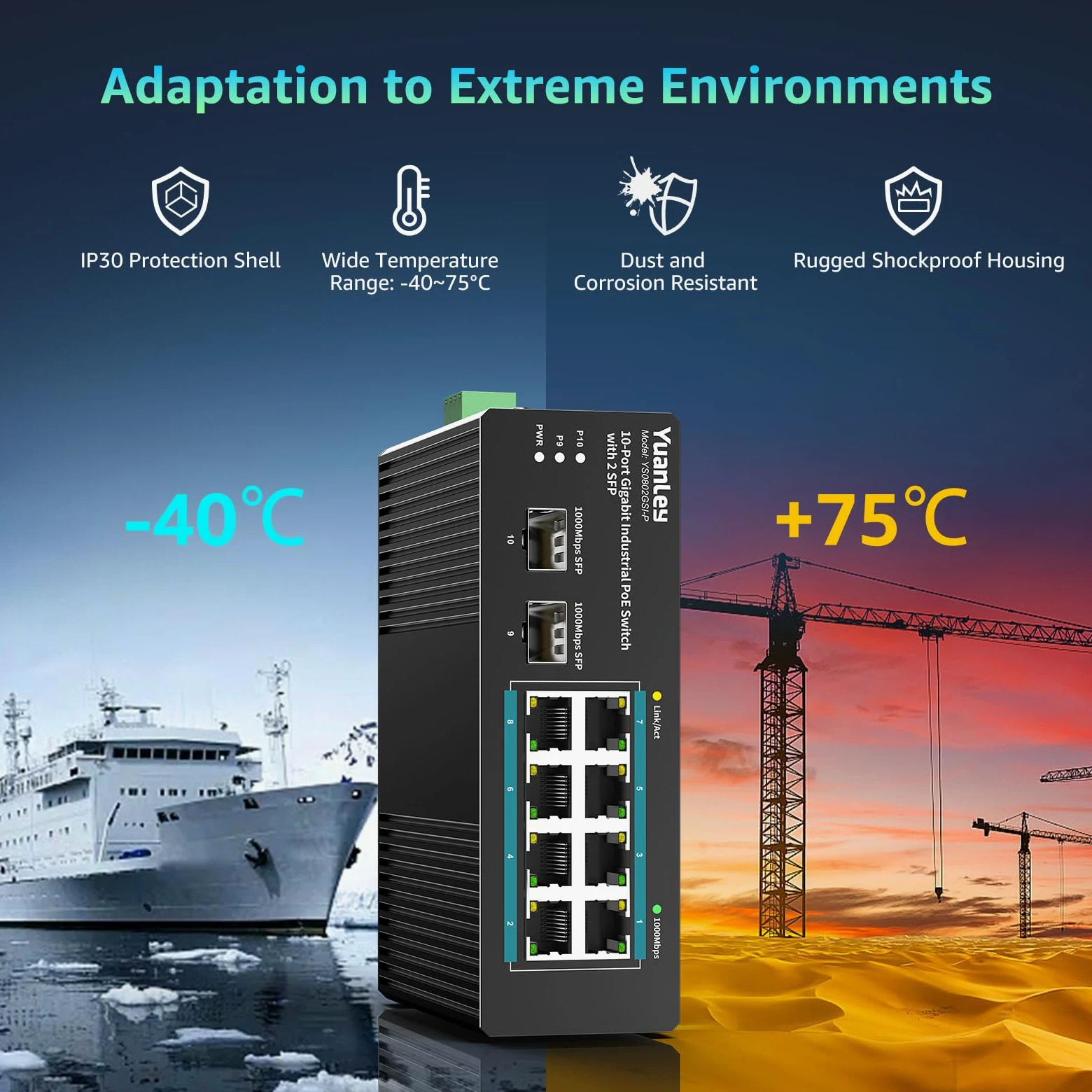 YuanLey Switch Industriale 10 Porte con 8 Porte PoE Gigabit & 2 Porte SFP, Switch PoE Non Gestito con Alimentatore 120W, IEEE802.3af/at, VLAN & RSTP, Switch Din-Rail per Telecamere IP, AP