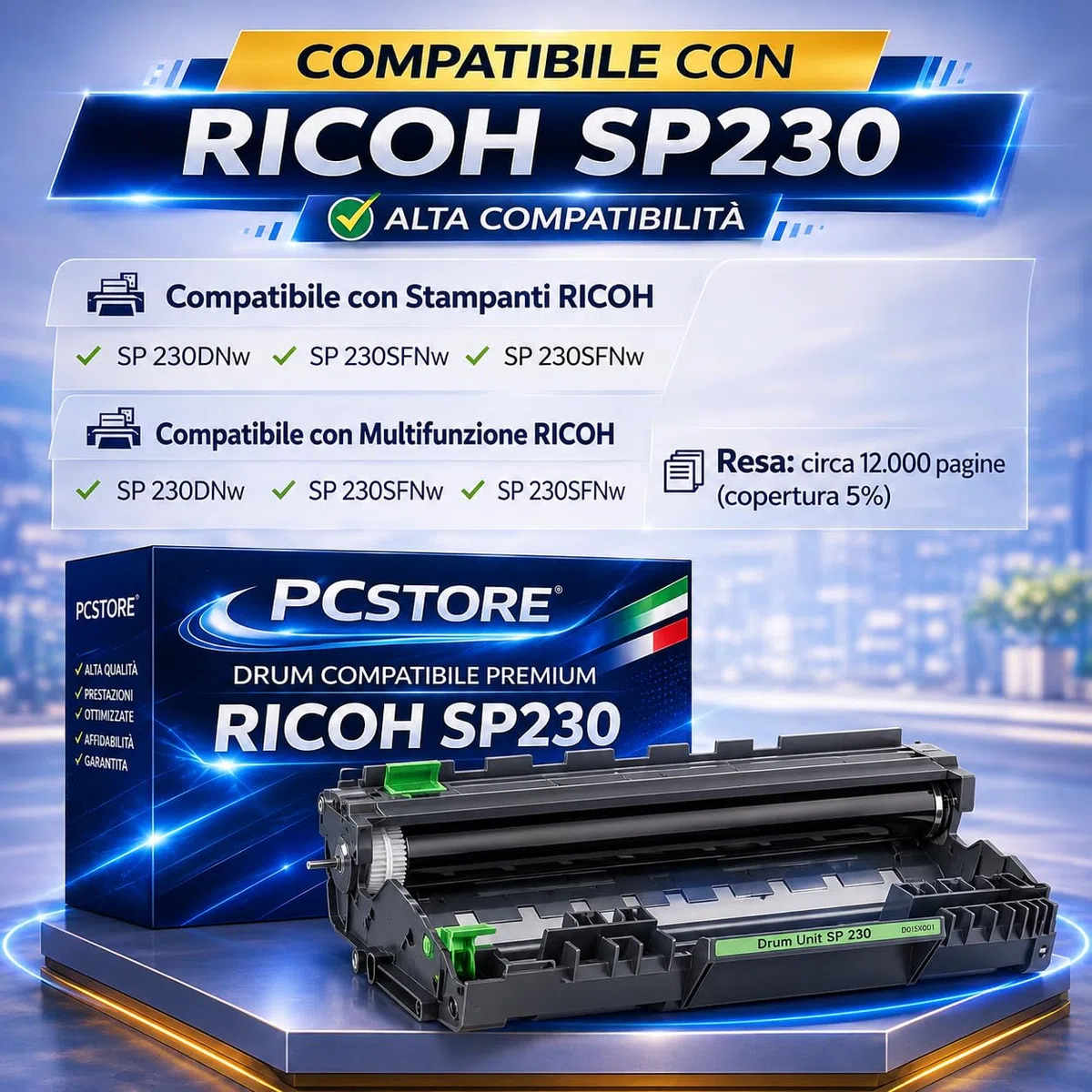 Drum SP230 Compatibile per Ricoh Aficio SP230DN SP230DNw SP230SFN SP230SFNw SP231DN SP231DNw SP231SFN SP232DNw – Tamburo Laser Nero Alta Capacità