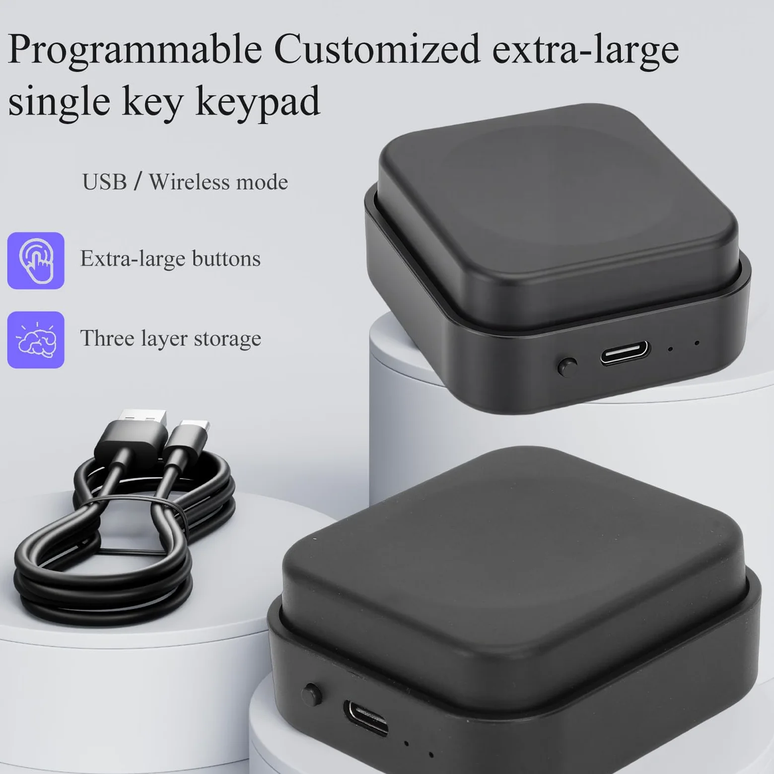 Vikye Tastierino a Tasto Singolo, Tastierino Macro a 3 Livelli, Programmabile con Bluetooth/2.4G/cablato, Input di 18 Caratteri, Tasto Grande, per Personalizzazione di