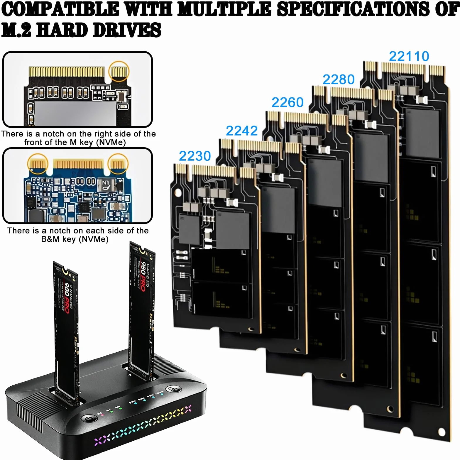 M.2 NVMe SATA SSD Clone Dock, USB 3.2 Gen 2x2 20Gbps Dual Bay M2 NVMe SSD Case Docking Station Reader Duplicator con Clonazione Offline Hard Disk Docking Station Clone Station per 2230/2242/2260/2280