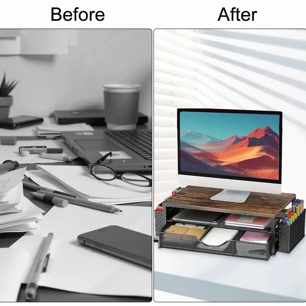 Supporto da scrivania per monitor, organizer da scrivania con 2 portapenne, cassetto, supporto ergonomico da tavolo, accessori da ufficio per schermo e laptop