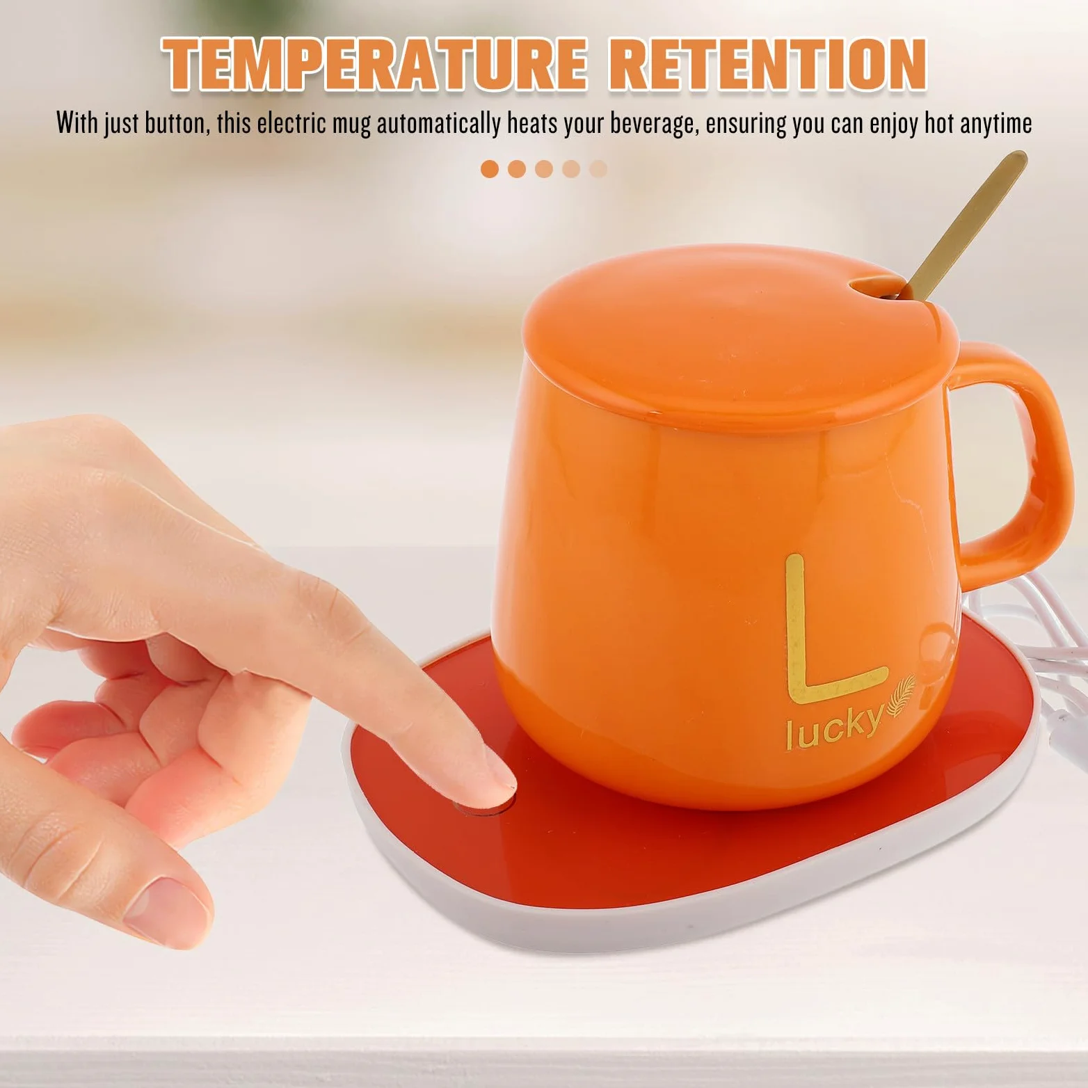 SHINEOFI Set Scaldatazze da Caffè Elettrico con Tazza Termica Arancione Coperchio e Cucchiaio Riscaldamento USB 5V per Casa e Ufficio Tazza Riscaldante Multifunzione per Tè e Latte