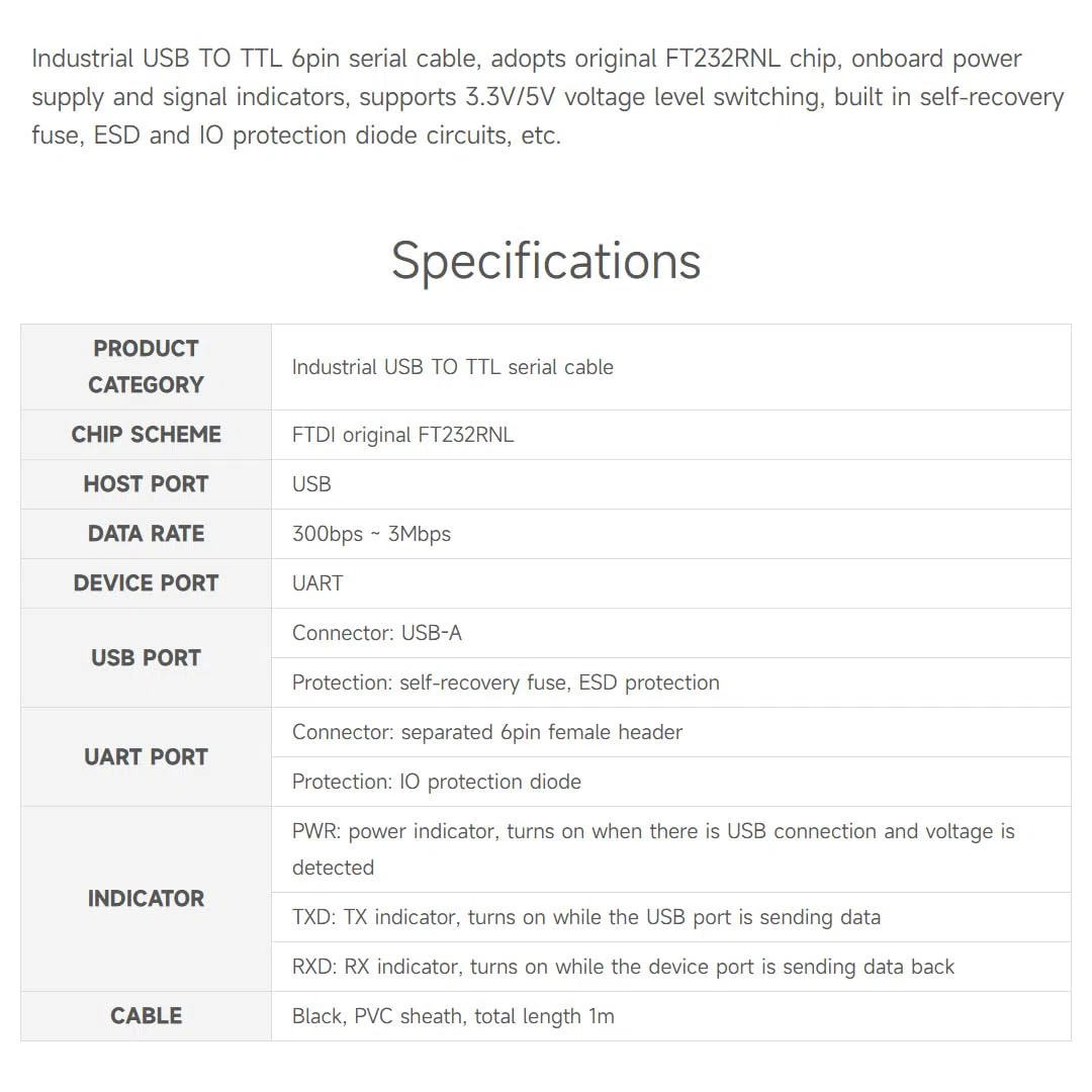 Waveshare Industrial USB TO TTL (C) 6pin Serial Cable FT232RNL Chip Multi Protection Circuits Hardware Flow Control