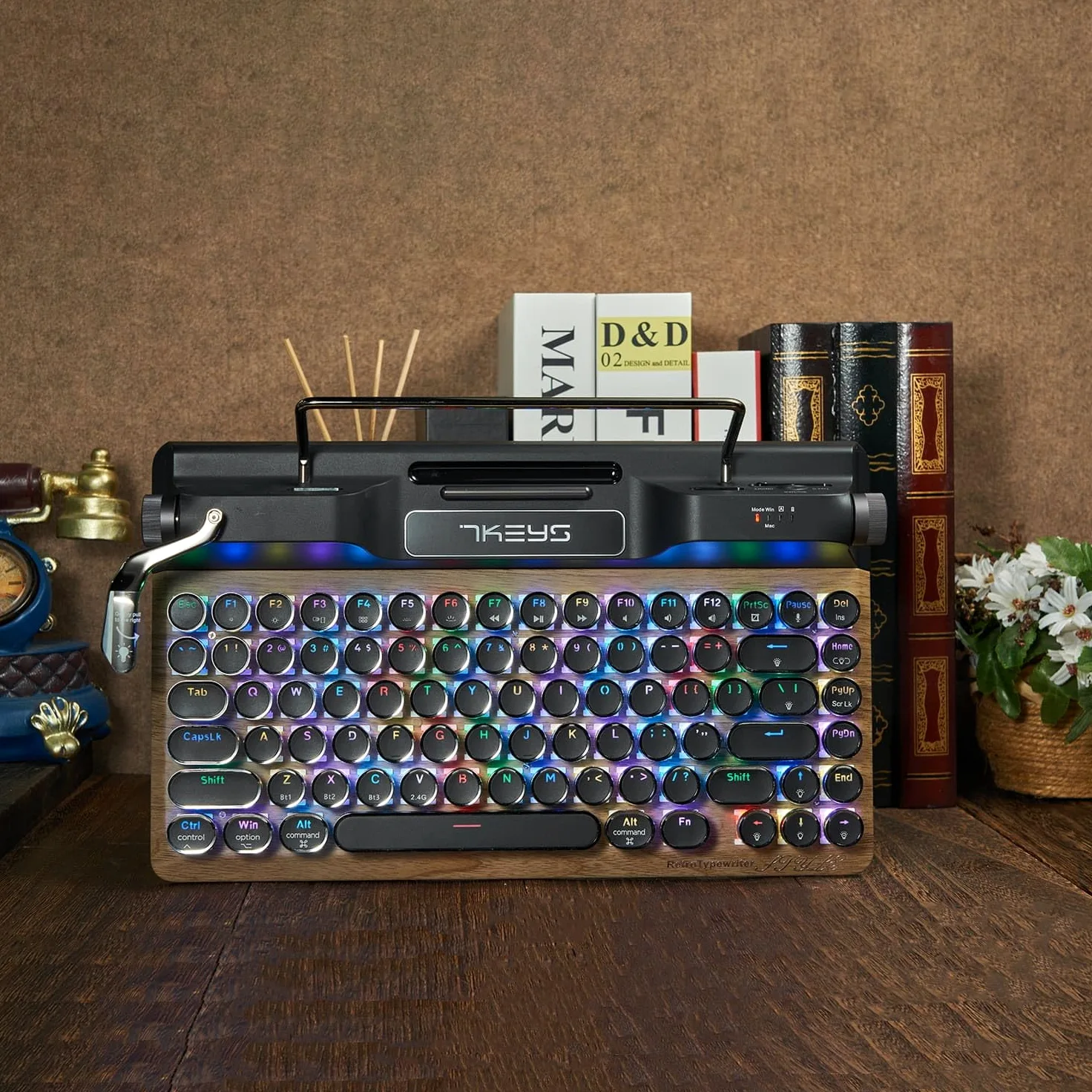 Tastiera in stile macchina da scrivere retrò senza fili meccanica RGB retroilluminata, poggiapolsi confortevole, supporto cablato/Bluetooth 5.0/wireless 2.4G per IPAD/PC/Laptop