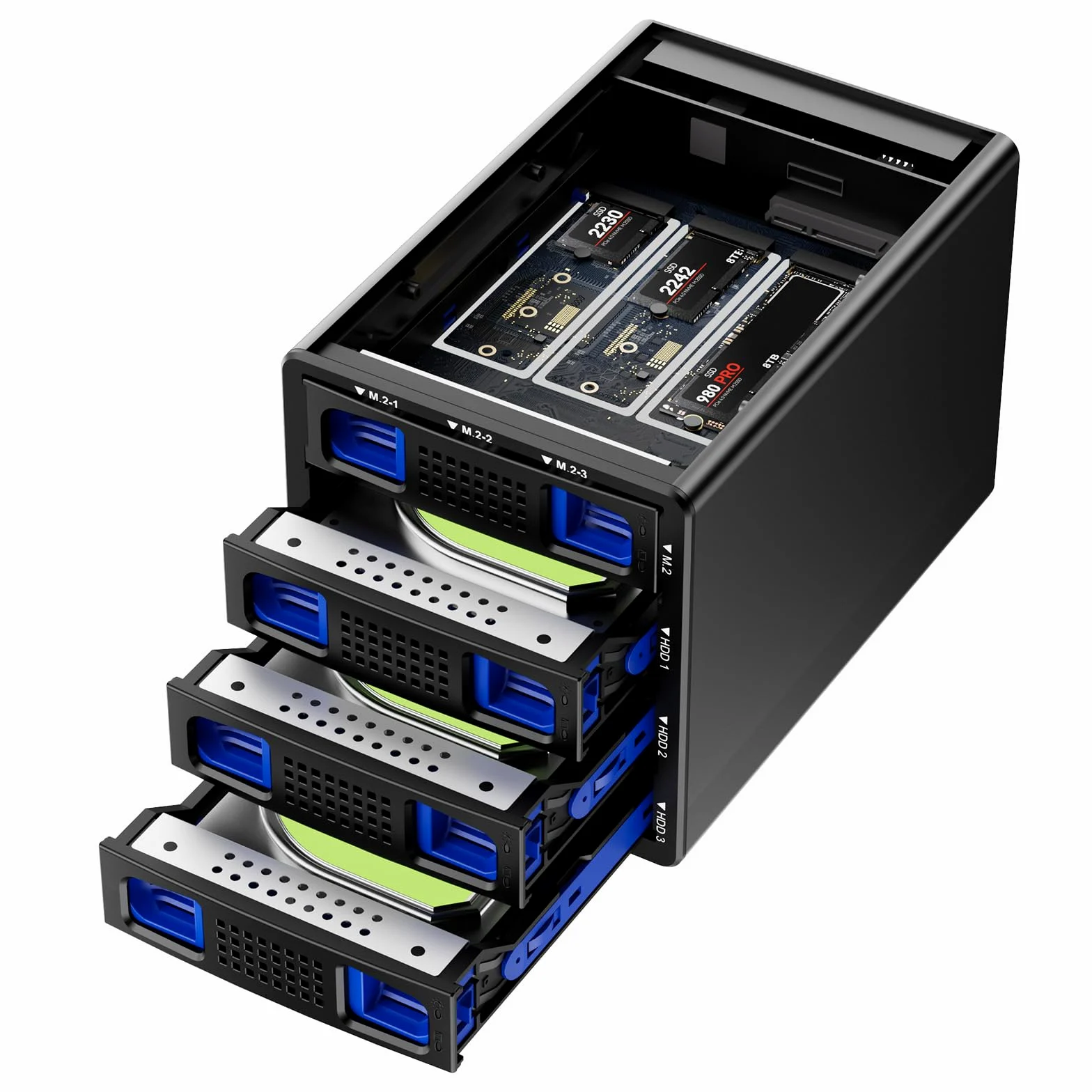 CENMATE Alloggiamento per disco rigido ibrido 3*3.5 HDD+3*M.2 NVMe con ventola per 2.5/3.5" SATA HDD/SSD e M Key/B+M Key 2230/42/60/80/110 M.2 SSD, cavo USB A/C 3.2