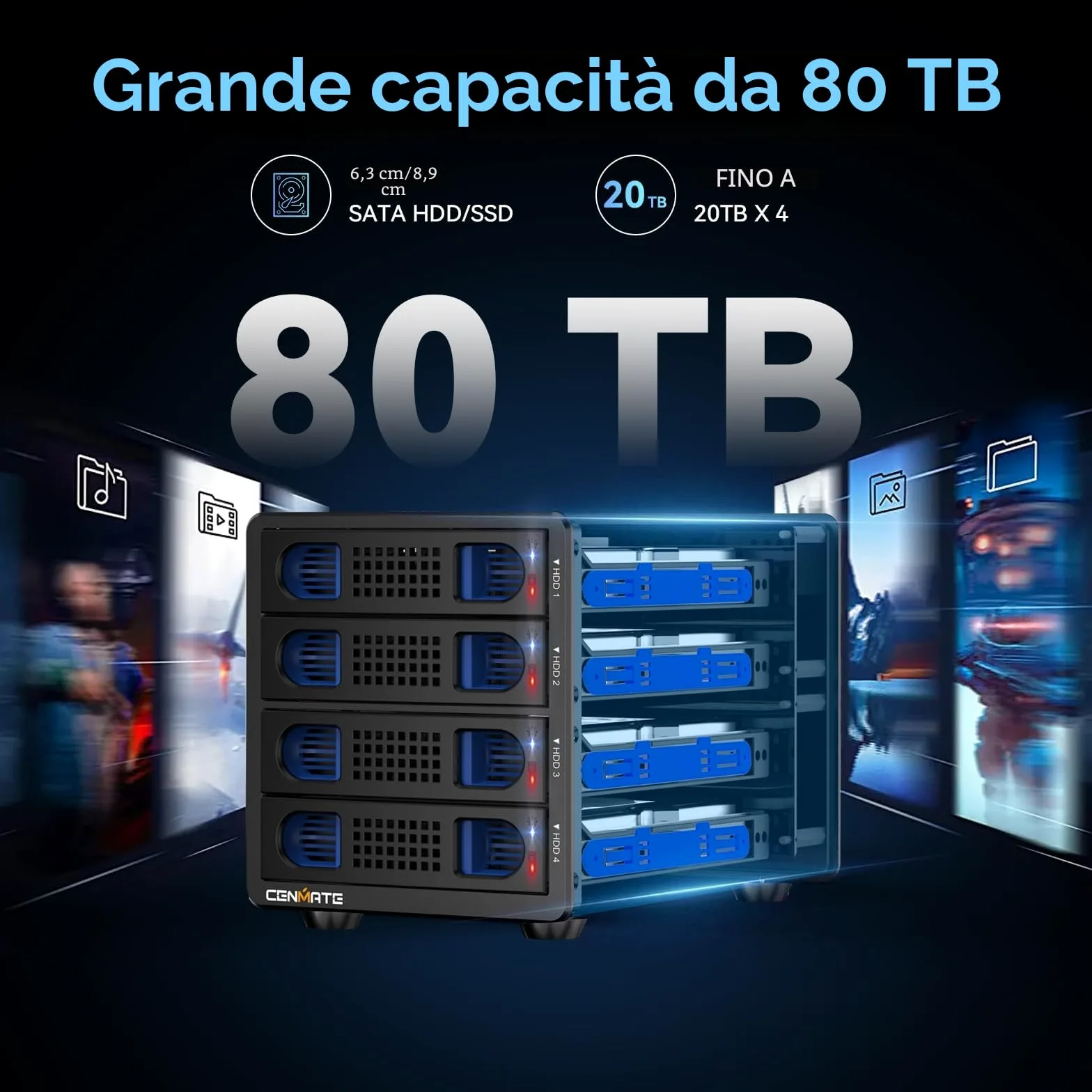 Case Hard Disk, CENMATE 10Gbps Case HDD 4 Bay Alluminio con Ventola per HDD/SSD SATA da 2,5/3,5, USB A/C 3.2, Supporto Sostituzione a Caldo, Senza Attrezzi, DAS (NO RAID/NAS)
