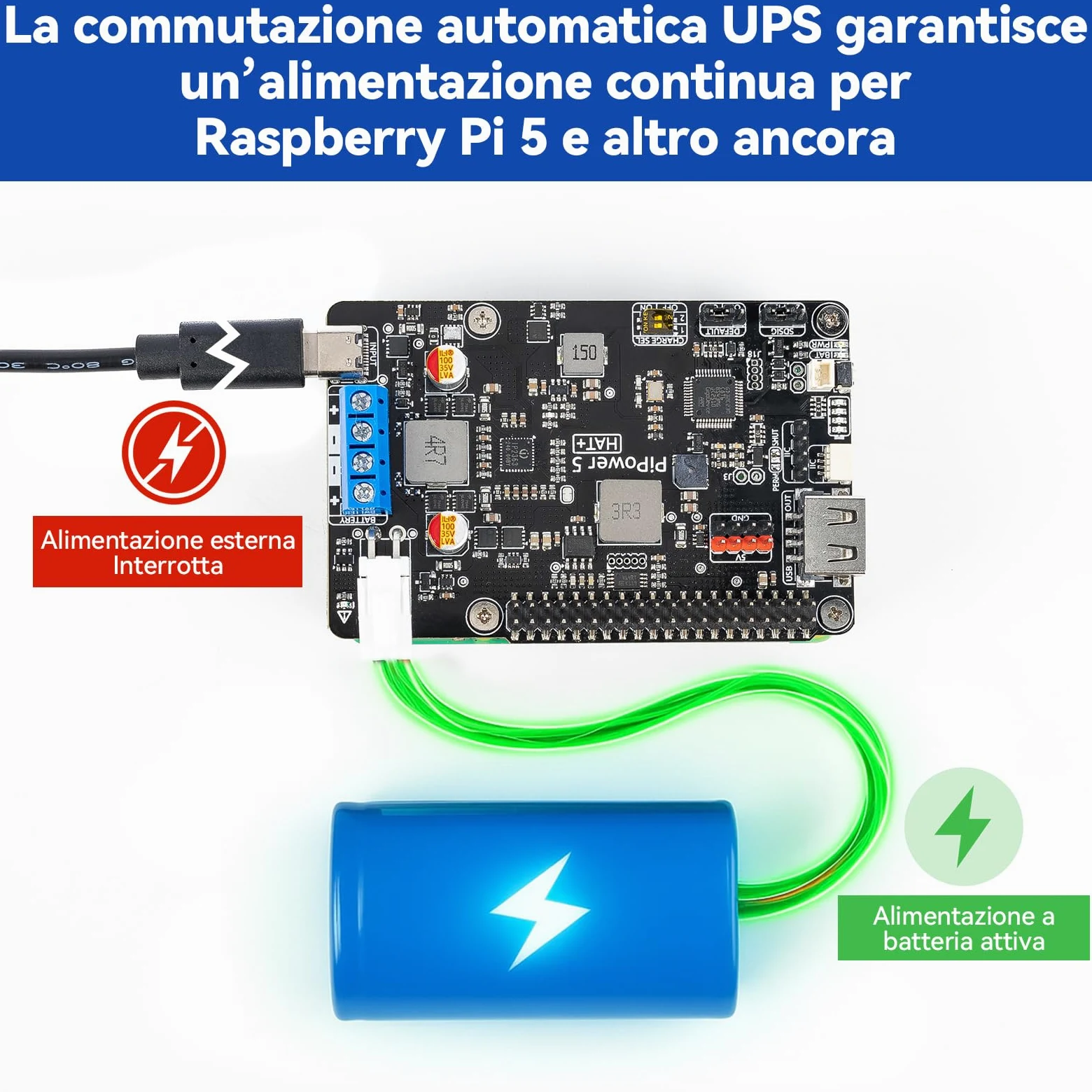 SunFounder PiPower 5 Alimentatore UPS HAT 5V/5A per Raspberry Pi 5/4B/3B+/Zero 2 W/Arduino/Pironman 5/Max/Mini, batteria ricaricabile, spegnimento sicuro, dashboard intelligente