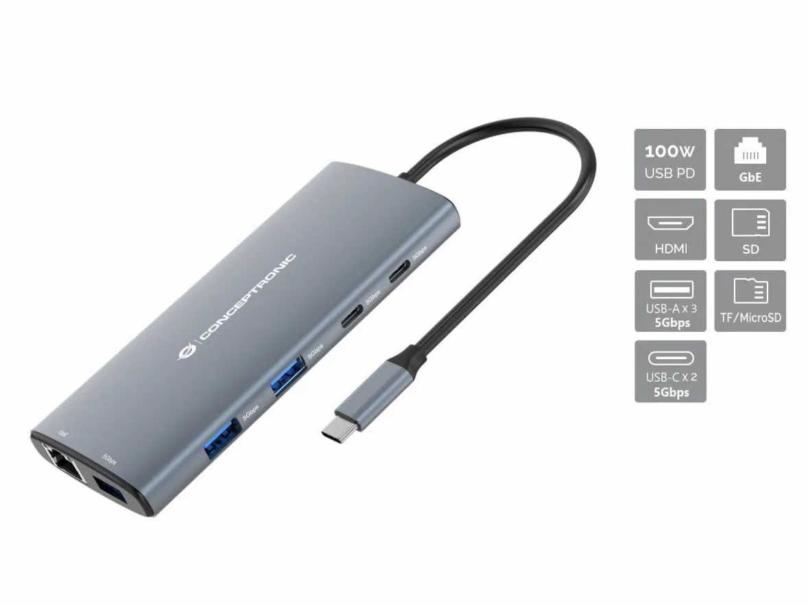 CONCEPTRONIC DONN06G 10 in 1 USB 3.2 Gen 1 Docking Station, HDMI, 100 W USB PD, USB-C 5 Gbps x 2, USB-A 5 Gbps x 3, SD, TF/MicroSD, GbE